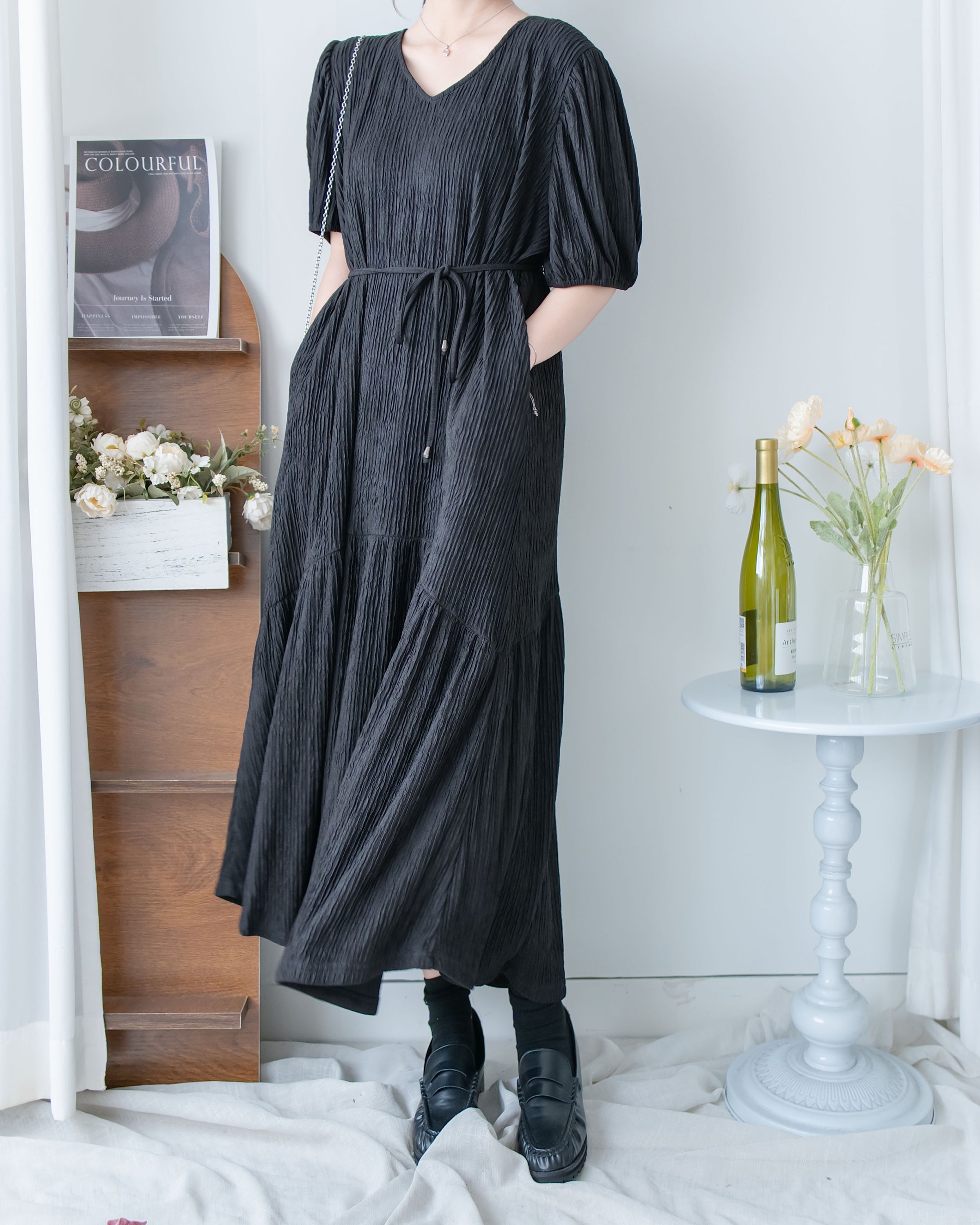 V Fine Belt Dress 法式暗條紋防皺V領拼接裙擺連衣裙/ DS1152