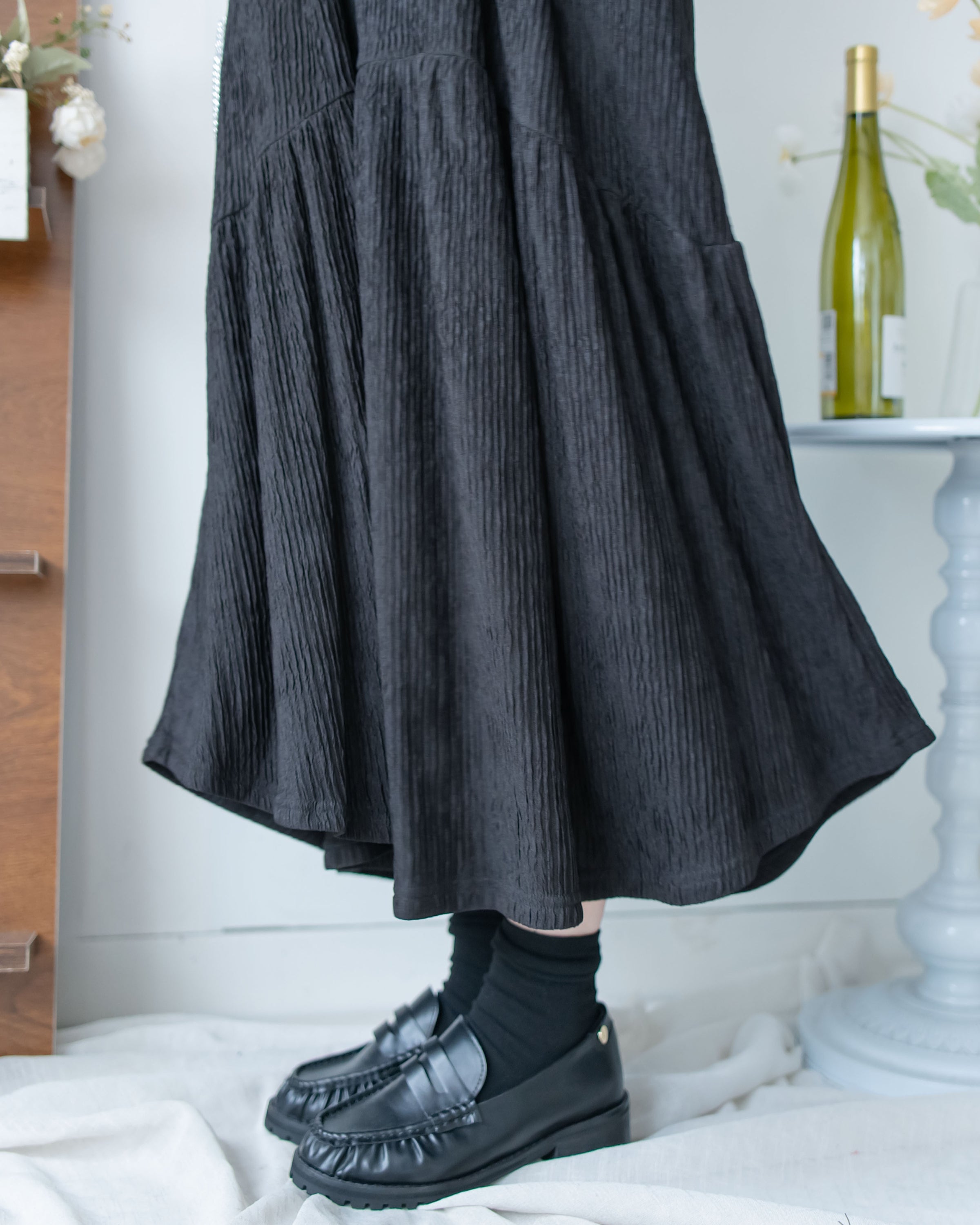 V Fine Belt Dress 法式暗條紋防皺V領拼接裙擺連衣裙/ DS1152