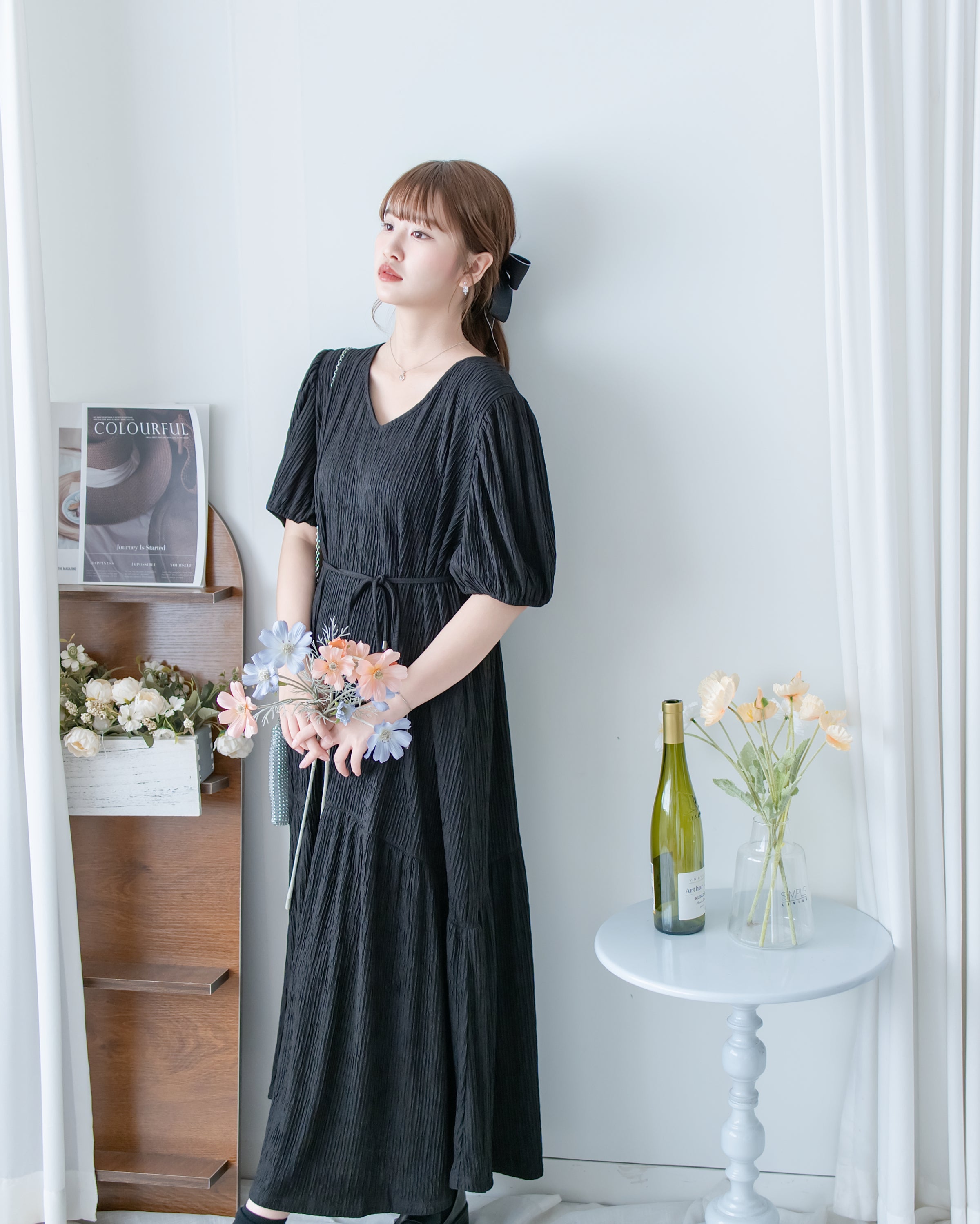 V Fine Belt Dress 法式暗條紋防皺V領拼接裙擺連衣裙/ DS1152