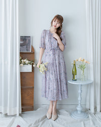 Acasia Dress 淡雅花束防皺暗格紋修腰連身裙/ DS1147