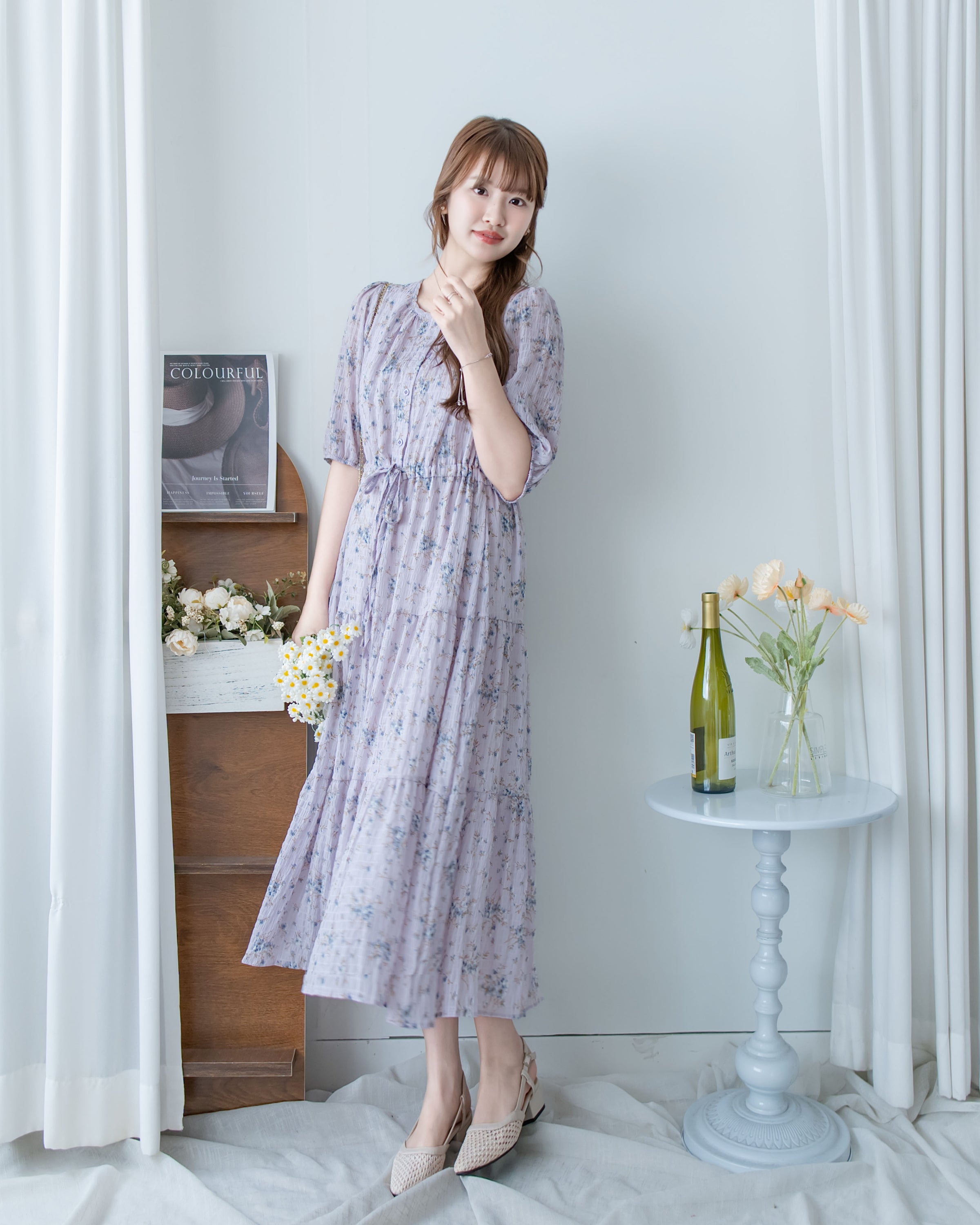 Acasia Dress 淡雅花束防皺暗格紋修腰連身裙/ DS1147