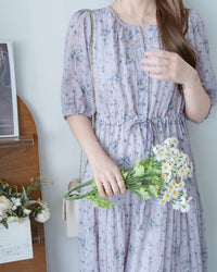 Acasia Dress 淡雅花束防皺暗格紋修腰連身裙/ DS1147