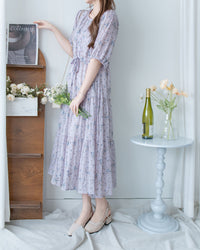 Acasia Dress 淡雅花束防皺暗格紋修腰連身裙/ DS1147
