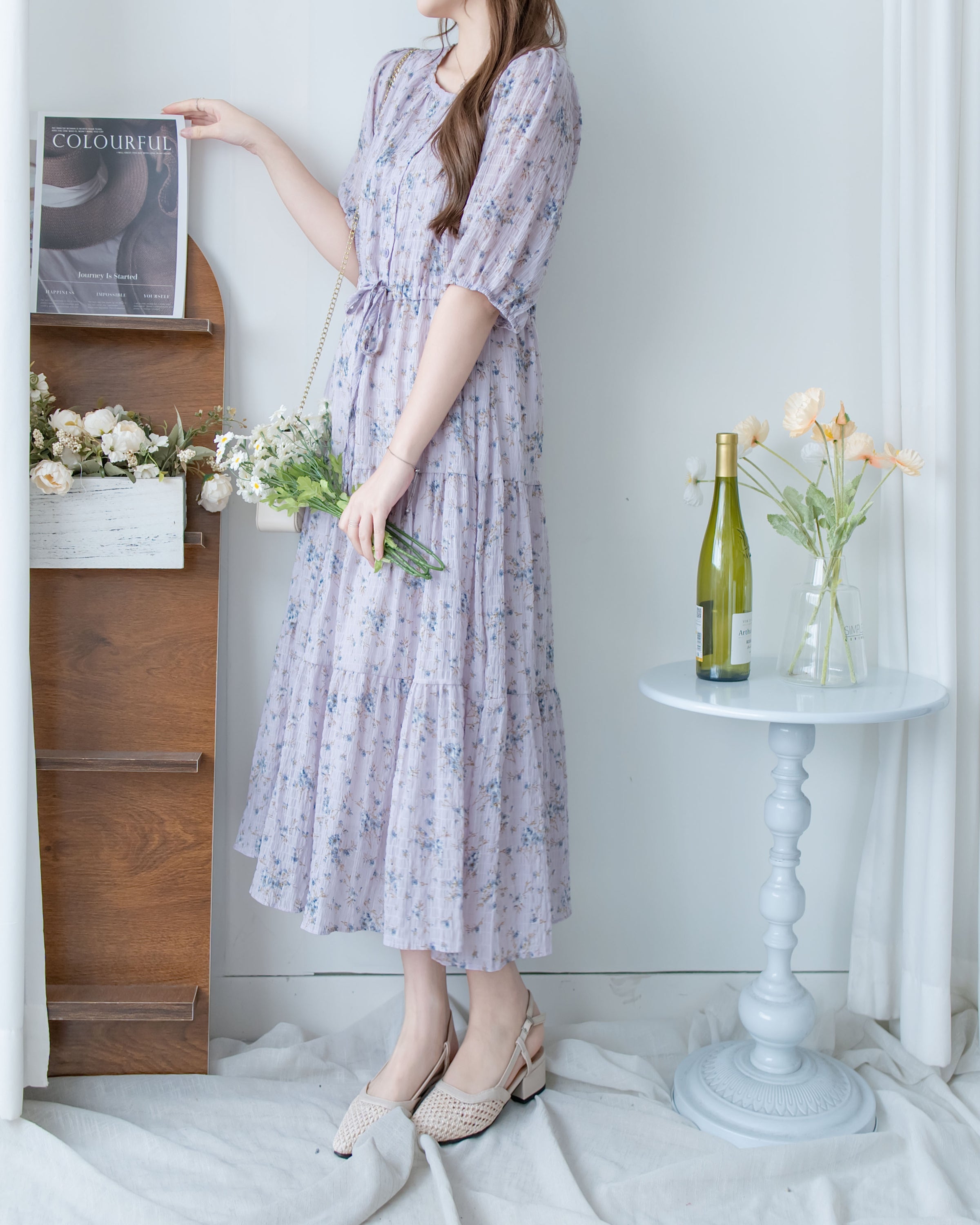 Acasia Dress 淡雅花束防皺暗格紋修腰連身裙/ DS1147