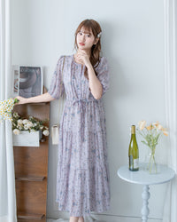 Acasia Dress 淡雅花束防皺暗格紋修腰連身裙/ DS1147