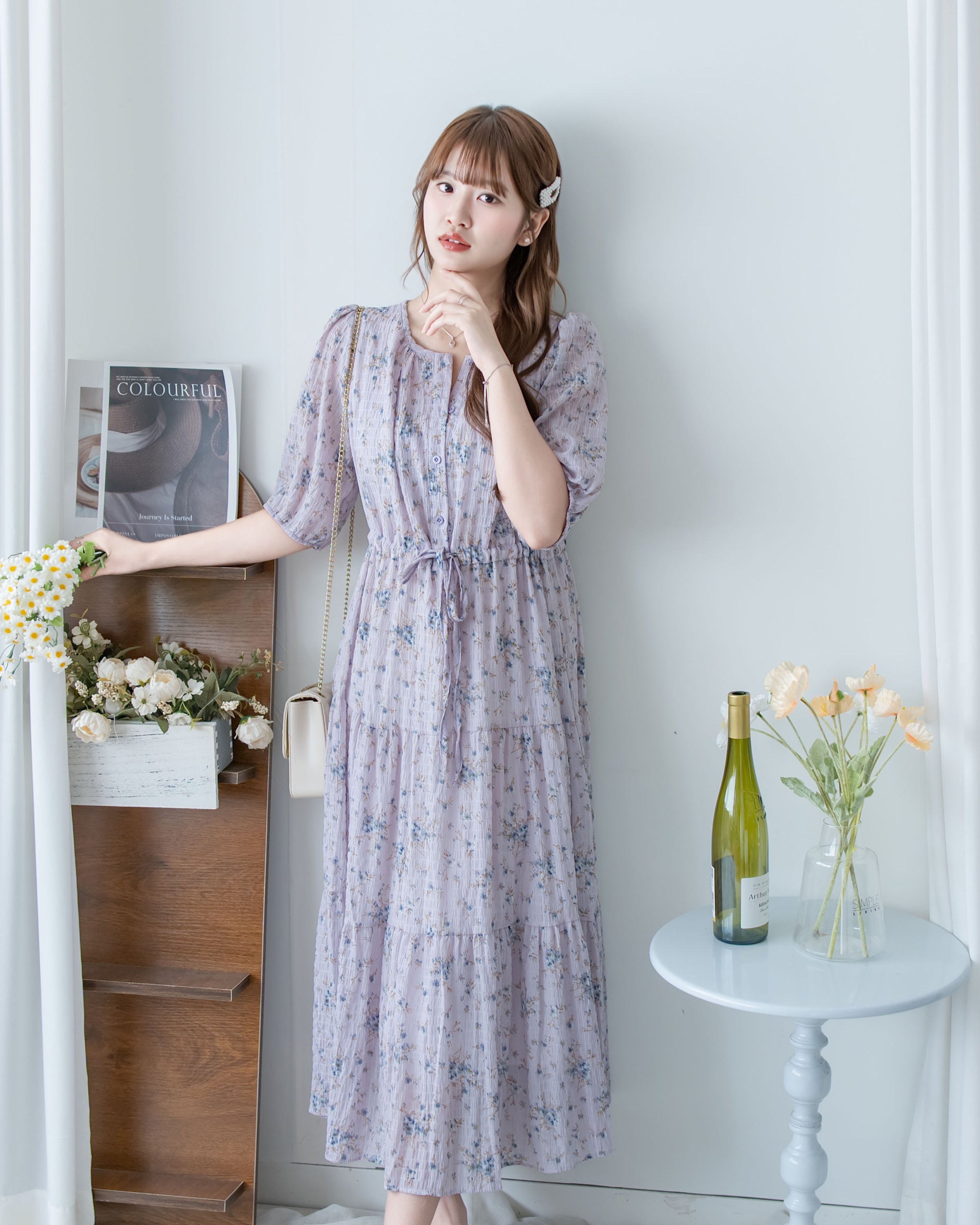 Acasia Dress 淡雅花束防皺暗格紋修腰連身裙/ DS1147