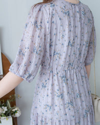 Acasia Dress 淡雅花束防皺暗格紋修腰連身裙/ DS1147