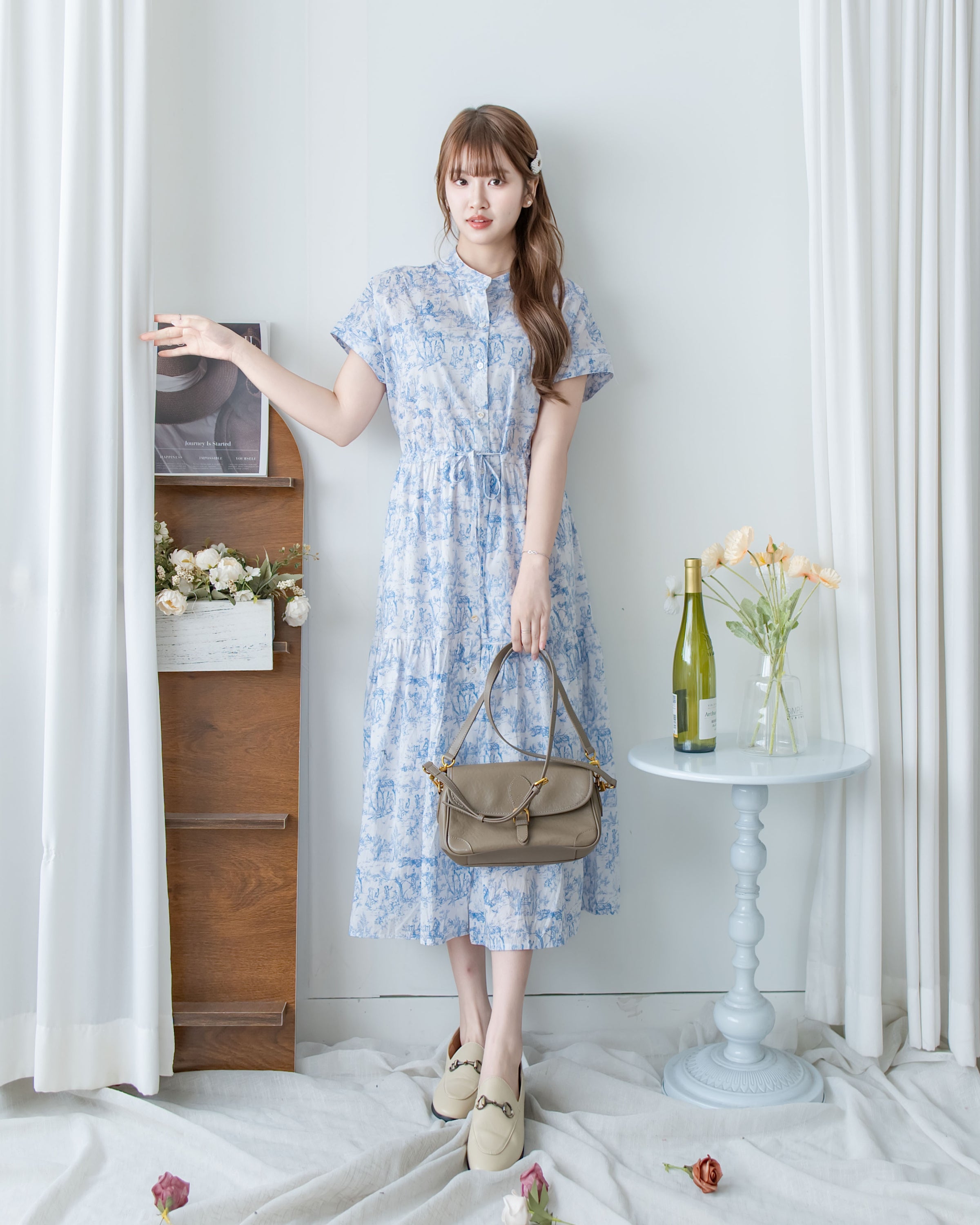 Porcelain Shirt Dress 無領陶瓷花印花恤衫連衣裙/ DS1151