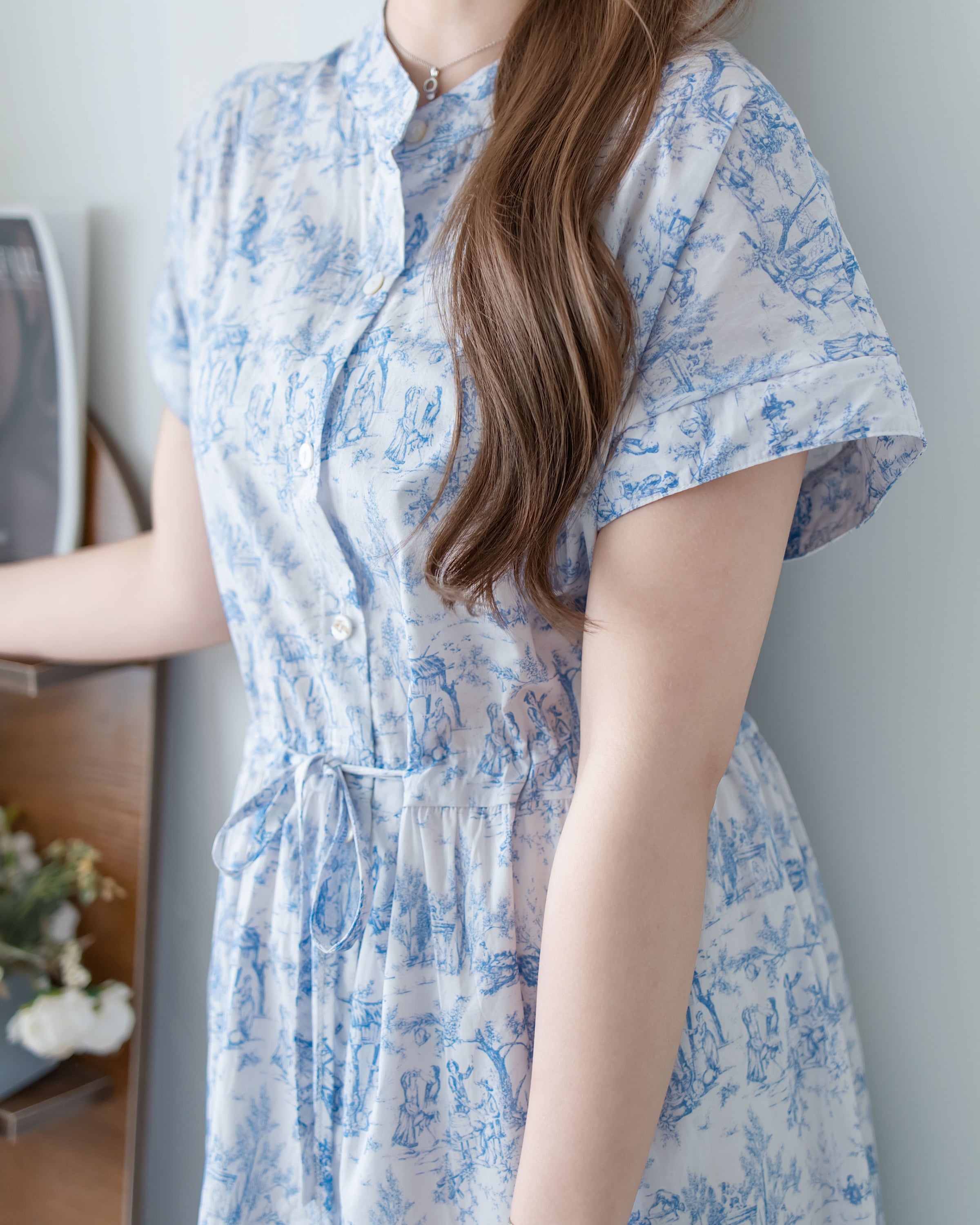 Porcelain Shirt Dress 無領陶瓷花印花恤衫連衣裙/ DS1151