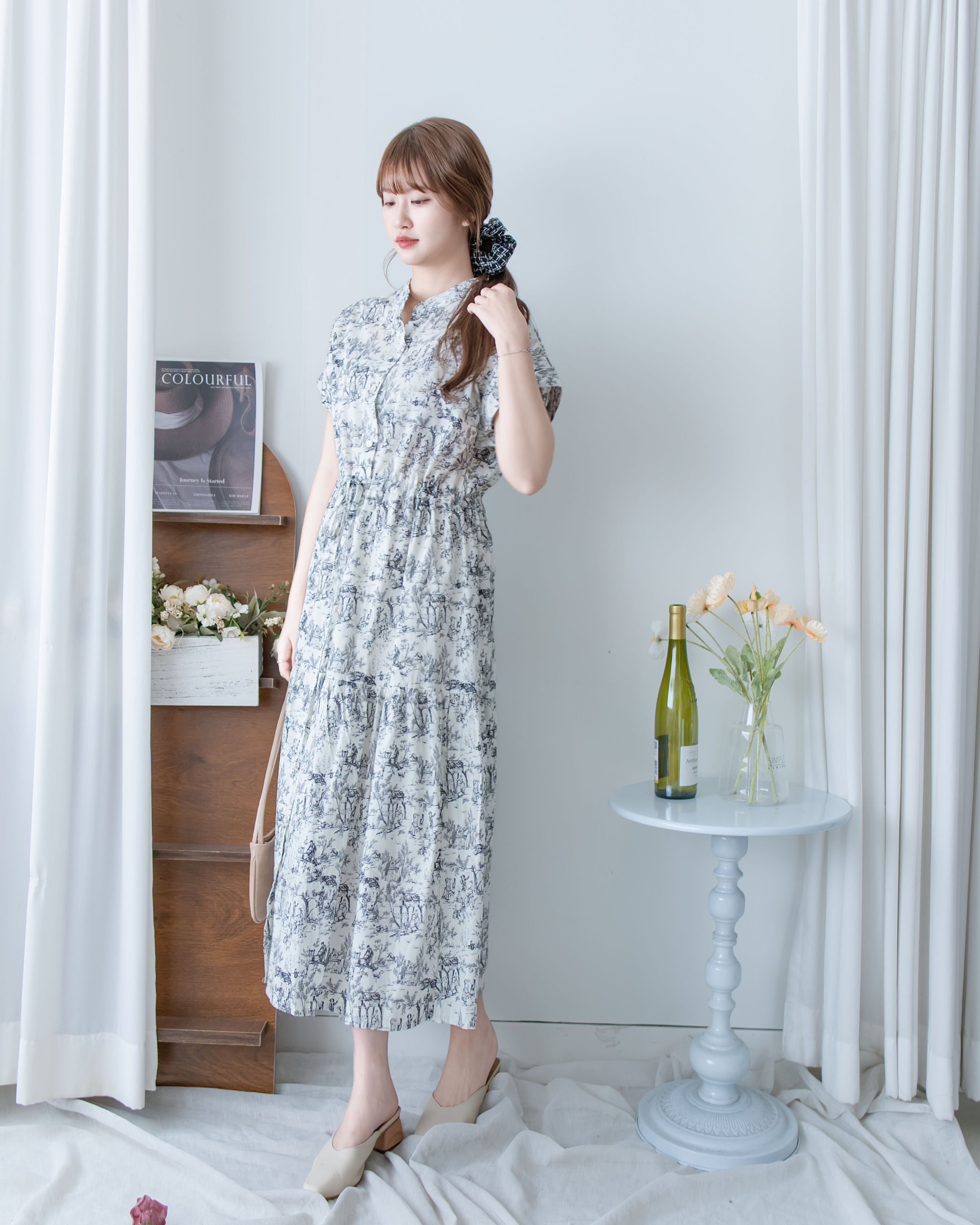 Porcelain Shirt Dress 無領陶瓷花印花恤衫連衣裙/ DS1151