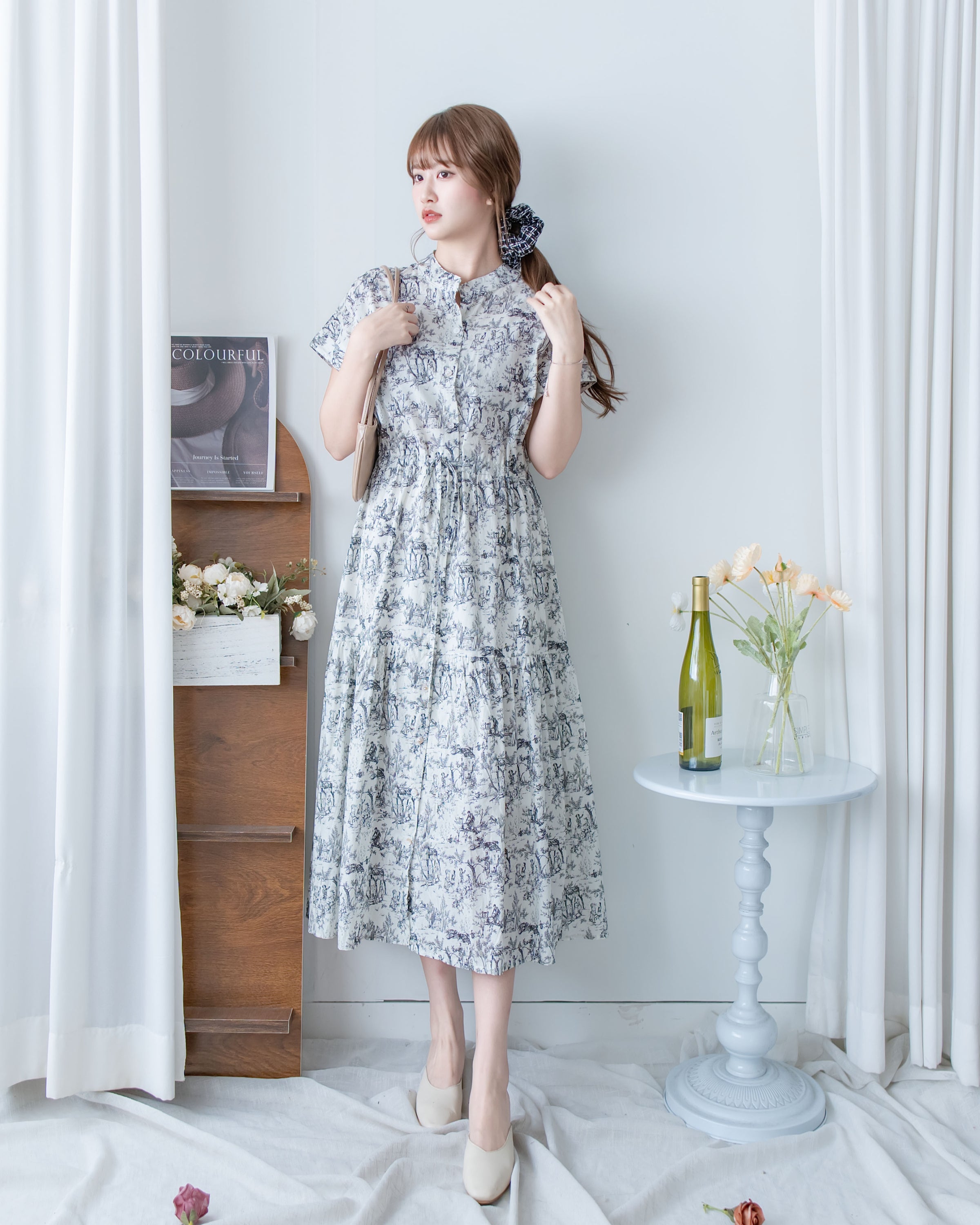 Porcelain Shirt Dress 無領陶瓷花印花恤衫連衣裙/ DS1151