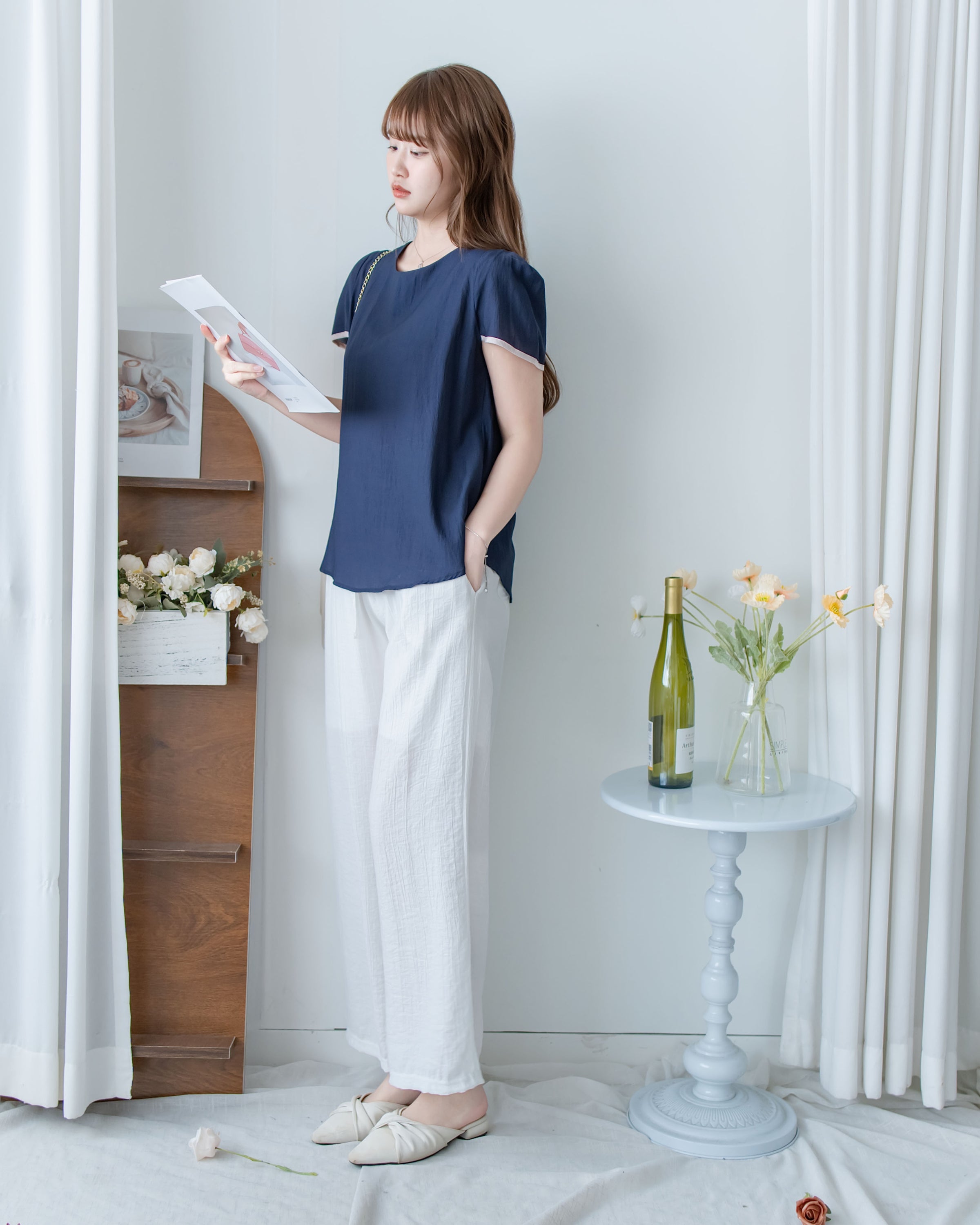 Coco Blouse 涼感微光拼色顯瘦傘袖上衣/ BU9146