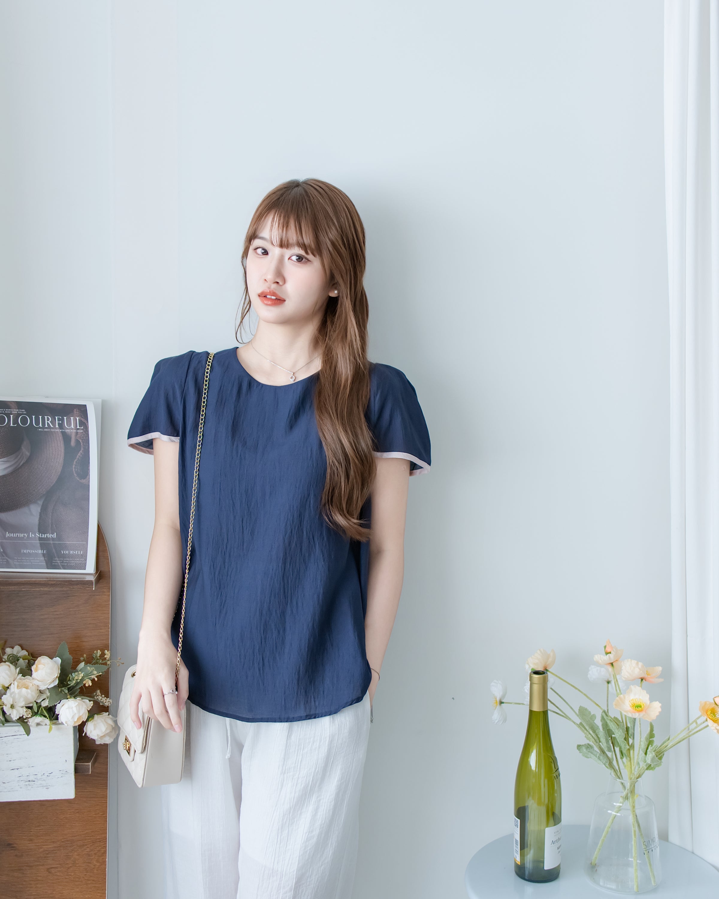 Coco Blouse 涼感微光拼色顯瘦傘袖上衣/ BU9146