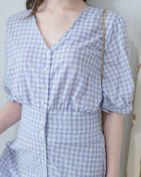 Lavender Check Dress 薰衣草高腰壓褶格紋連身裙/DS1158