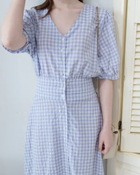 Lavender Check Dress 薰衣草高腰壓褶格紋連身裙/DS1158