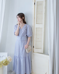 Lavender Check Dress 薰衣草高腰壓褶格紋連身裙/DS1158