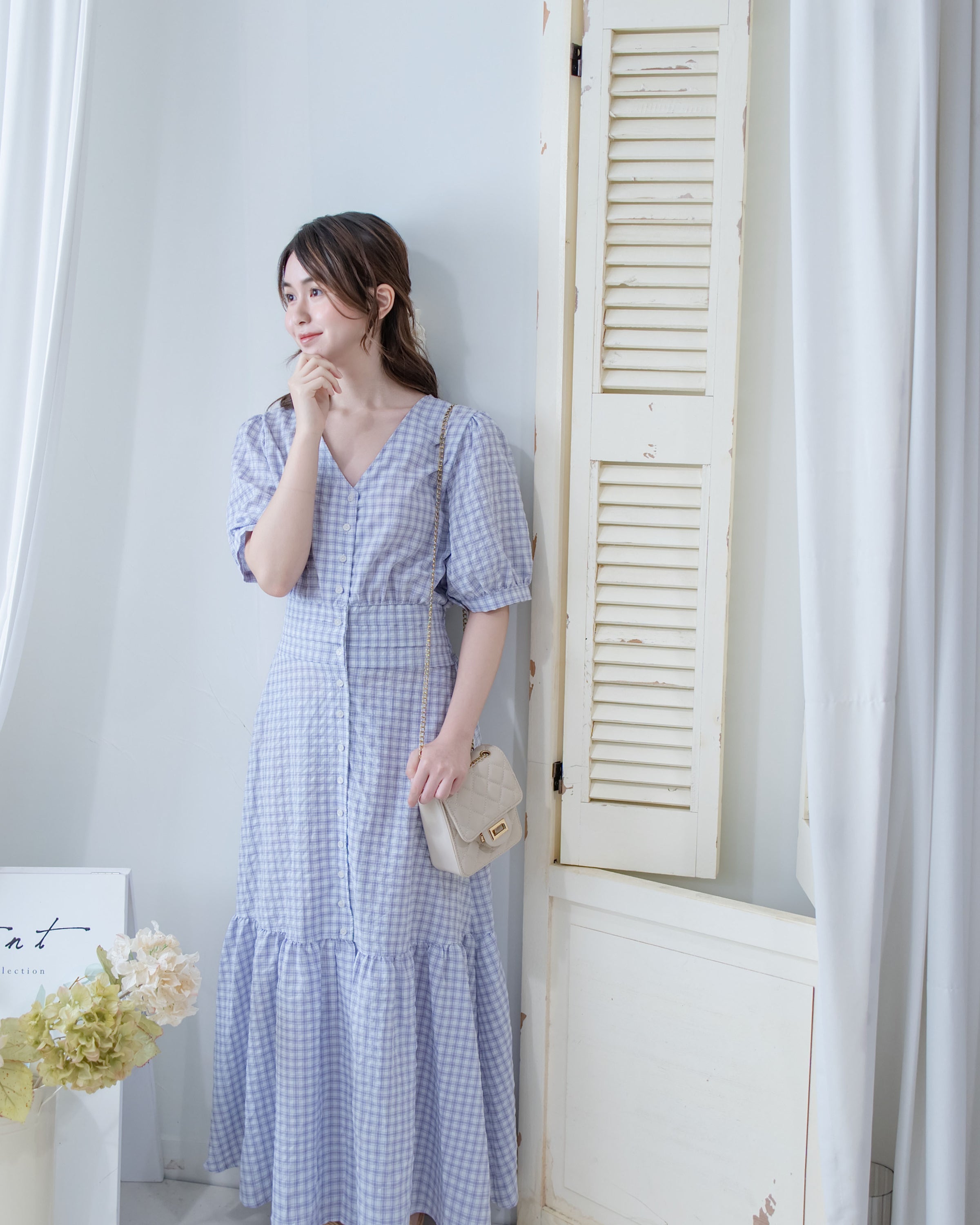Lavender Check Dress 薰衣草高腰壓褶格紋連身裙/DS1158