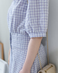 Lavender Check Dress 薰衣草高腰壓褶格紋連身裙/DS1158