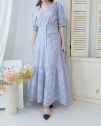 Lavender Check Dress 薰衣草高腰壓褶格紋連身裙/DS1158