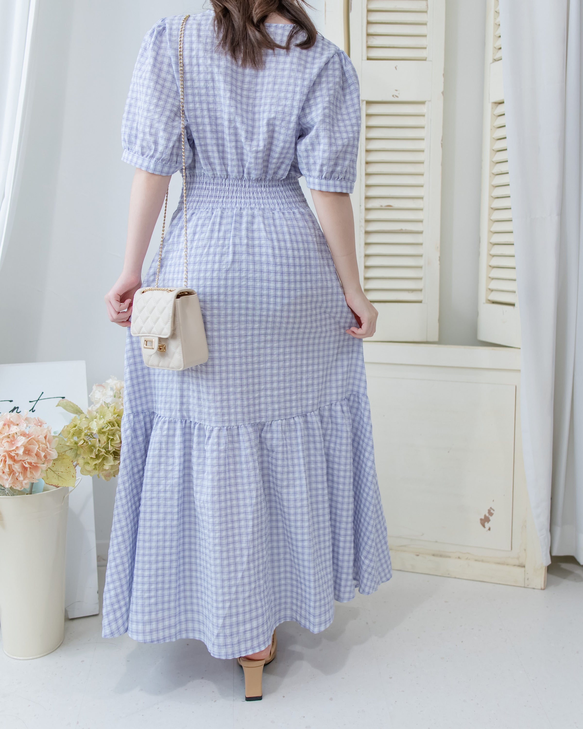 Lavender Check Dress 薰衣草高腰壓褶格紋連身裙/DS1158