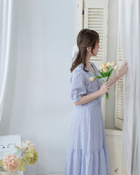Lavender Check Dress 薰衣草高腰壓褶格紋連身裙/DS1158