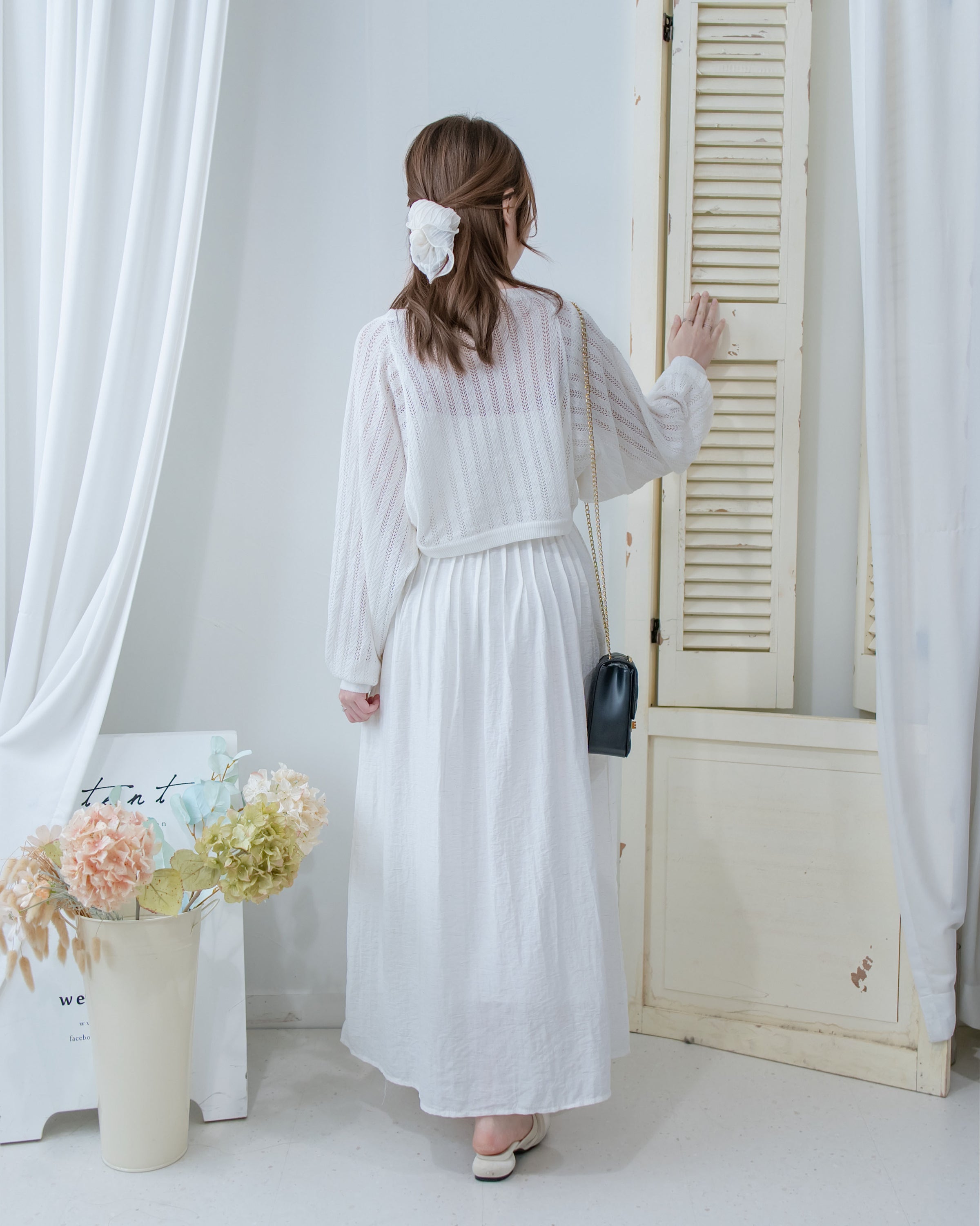 Knit Vest Set 鏤空針織外套風琴車褶長裙套裝/SE8118