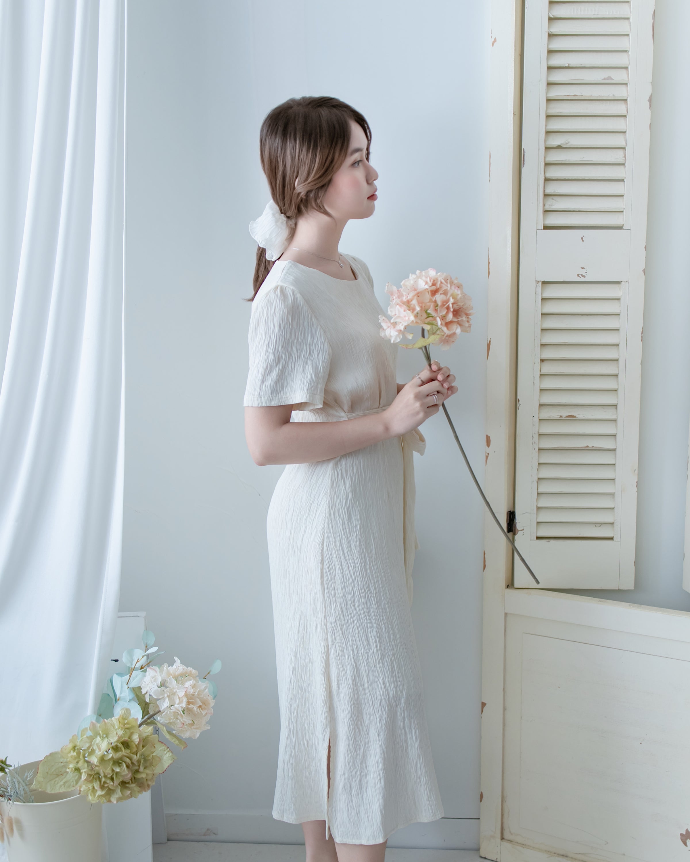 Side Slit Dress 車褶腰身綁帶開衩直身連身裙/ DS1161