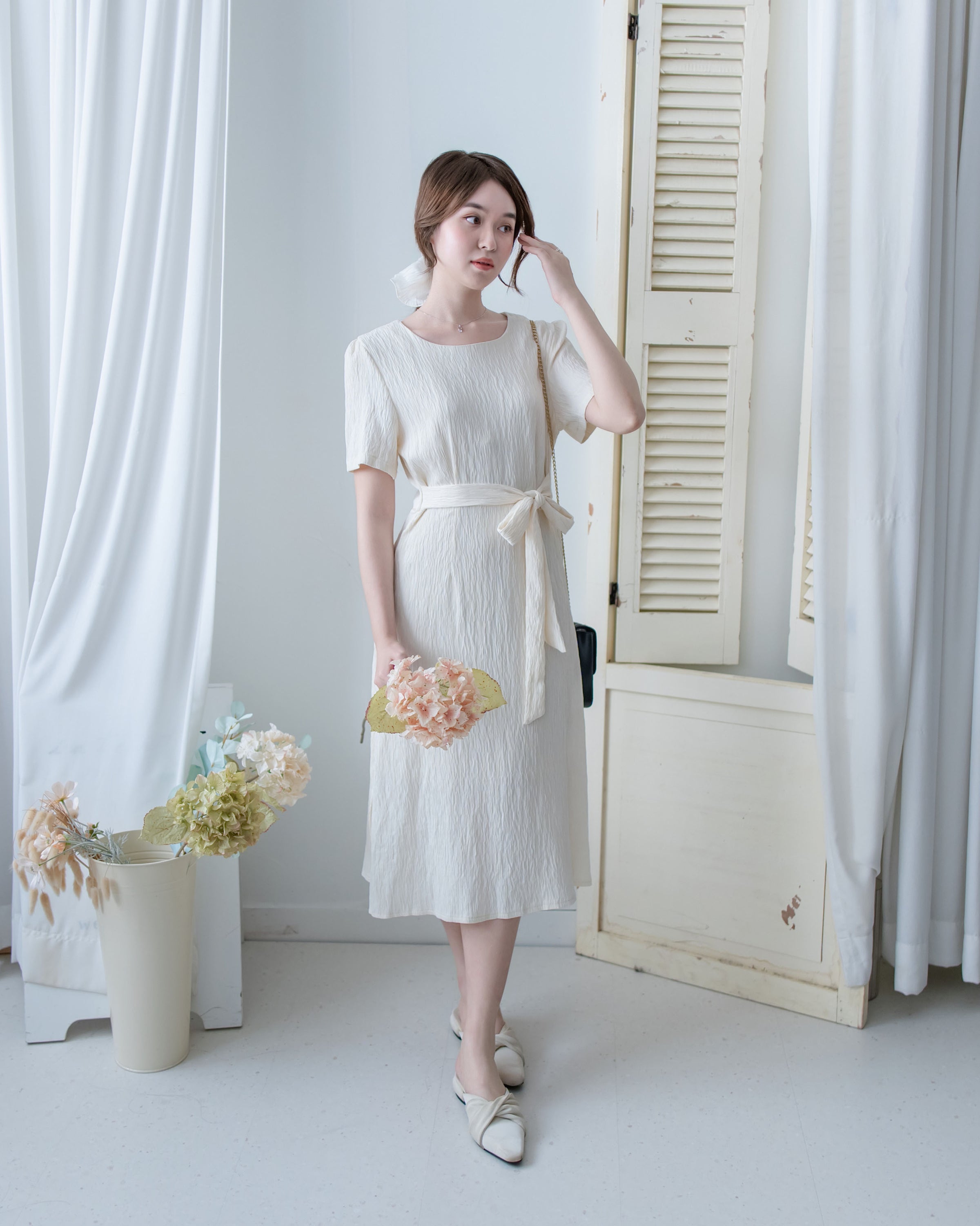 Side Slit Dress 車褶腰身綁帶開衩直身連身裙/ DS1161