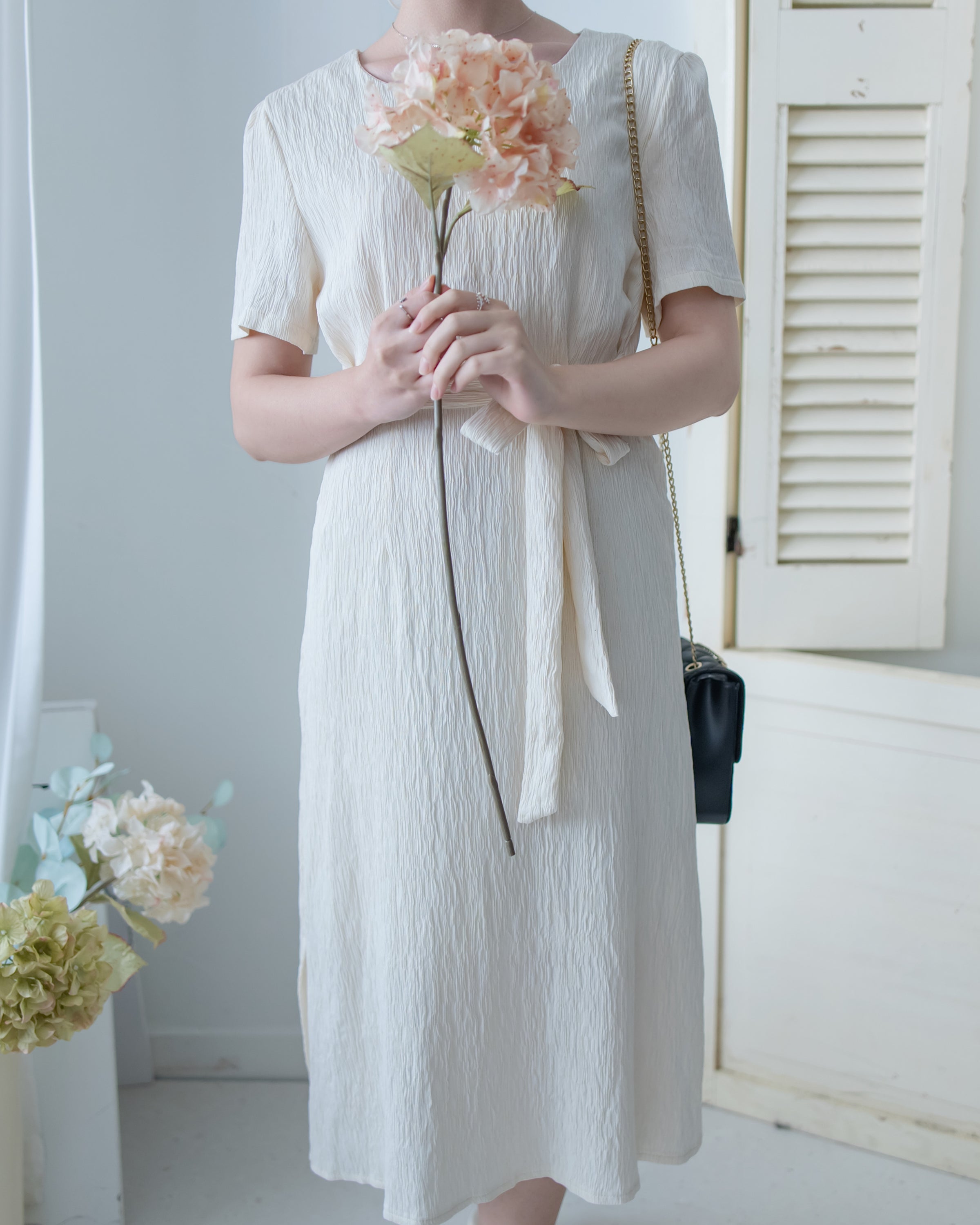 Side Slit Dress 車褶腰身綁帶開衩直身連身裙/ DS1161