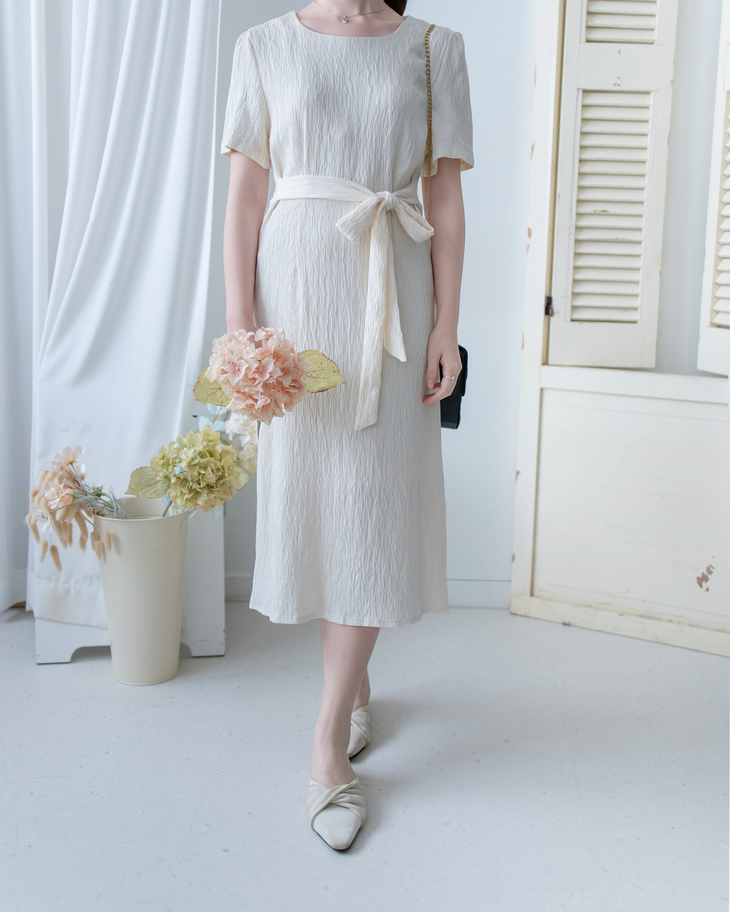 Side Slit Dress 車褶腰身綁帶開衩直身連身裙/ DS1161