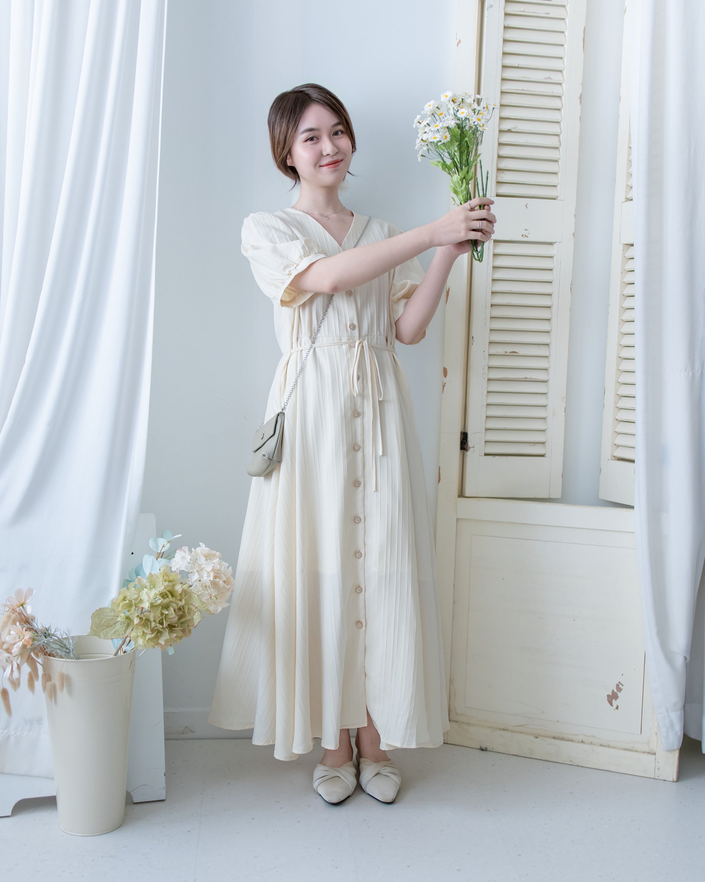Stripe Dress 暗條紋弧腰線修腰連身裙/DS1159