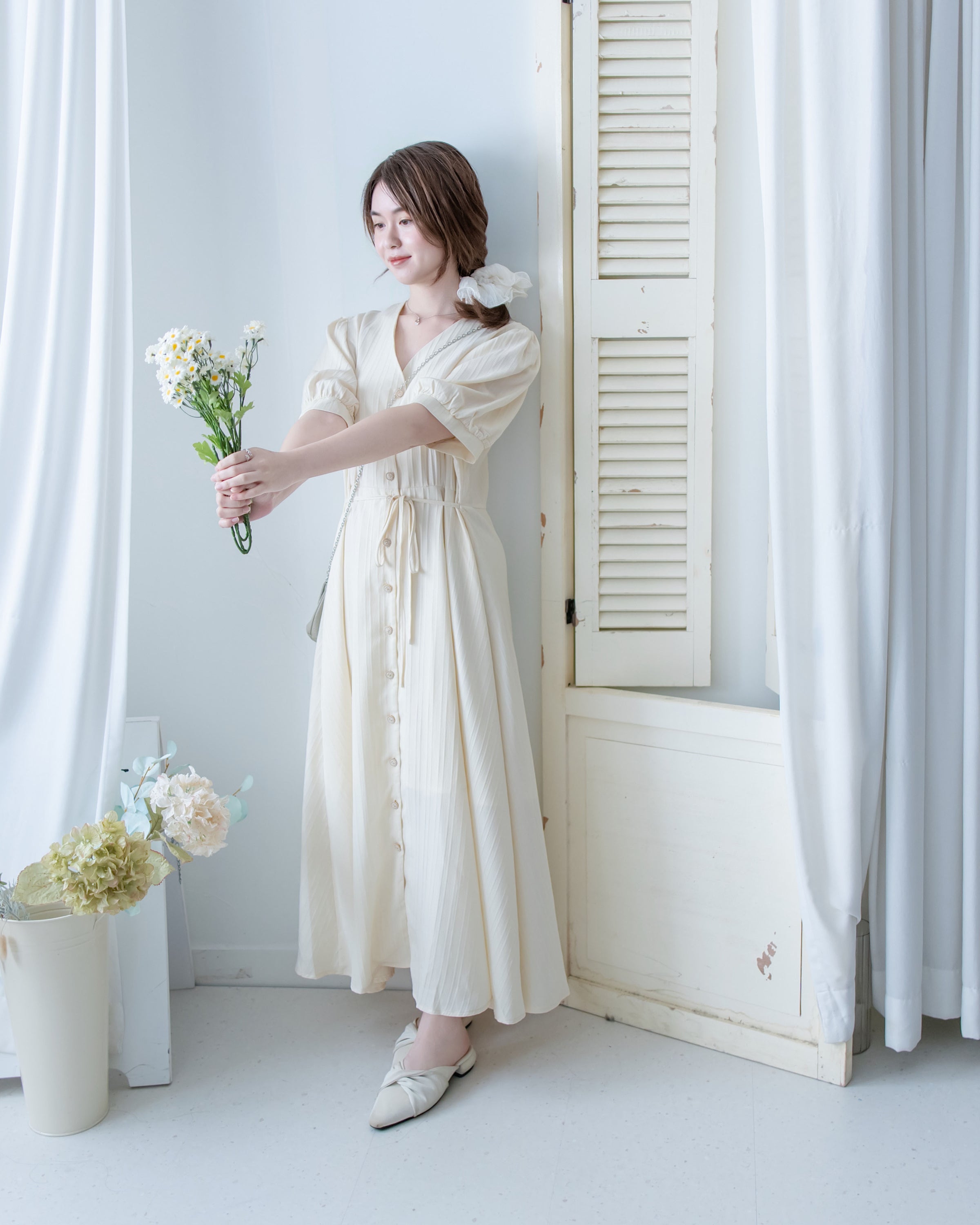 Stripe Dress 暗條紋弧腰線修腰連身裙/DS1159