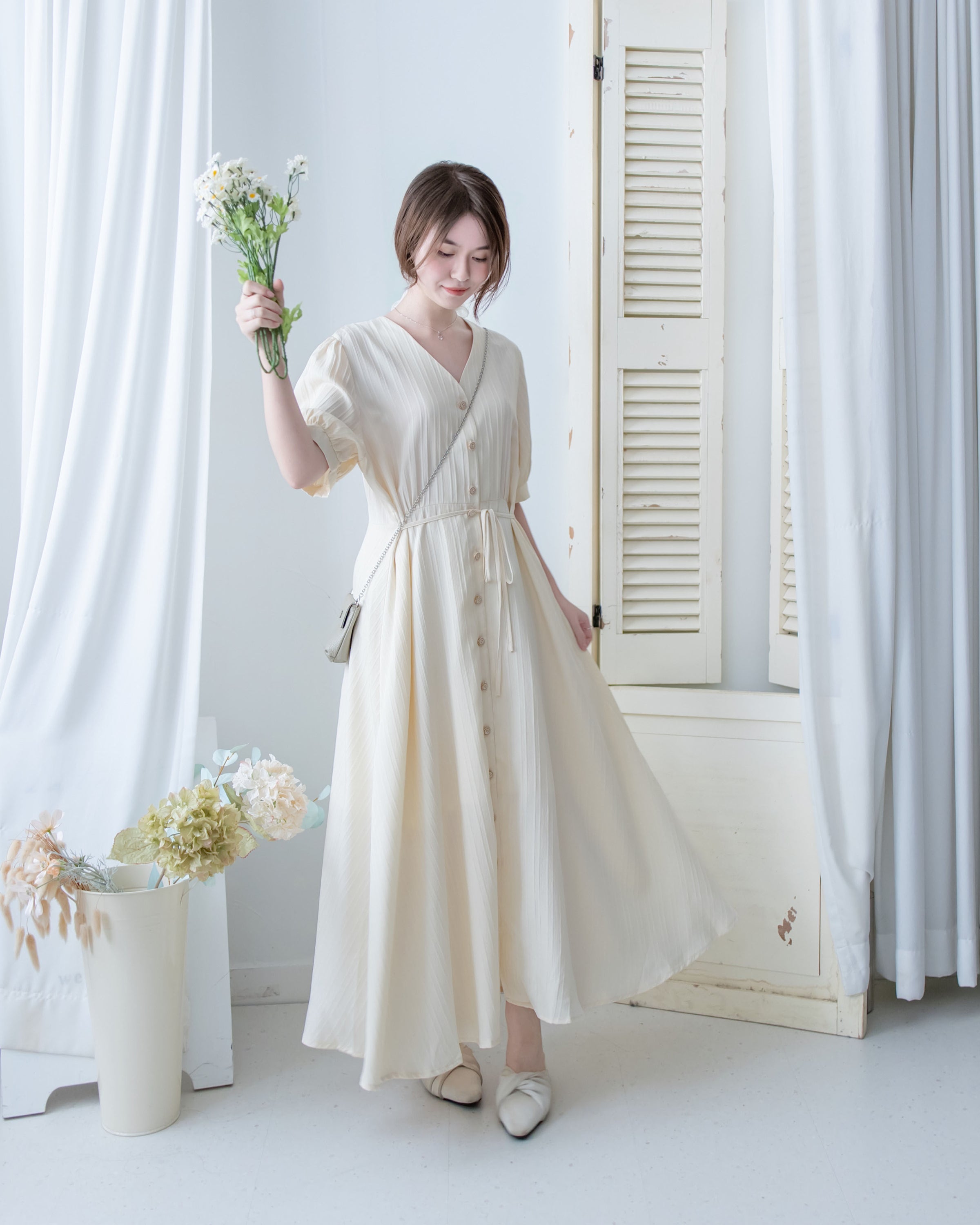 Stripe Dress 暗條紋弧腰線修腰連身裙/DS1159