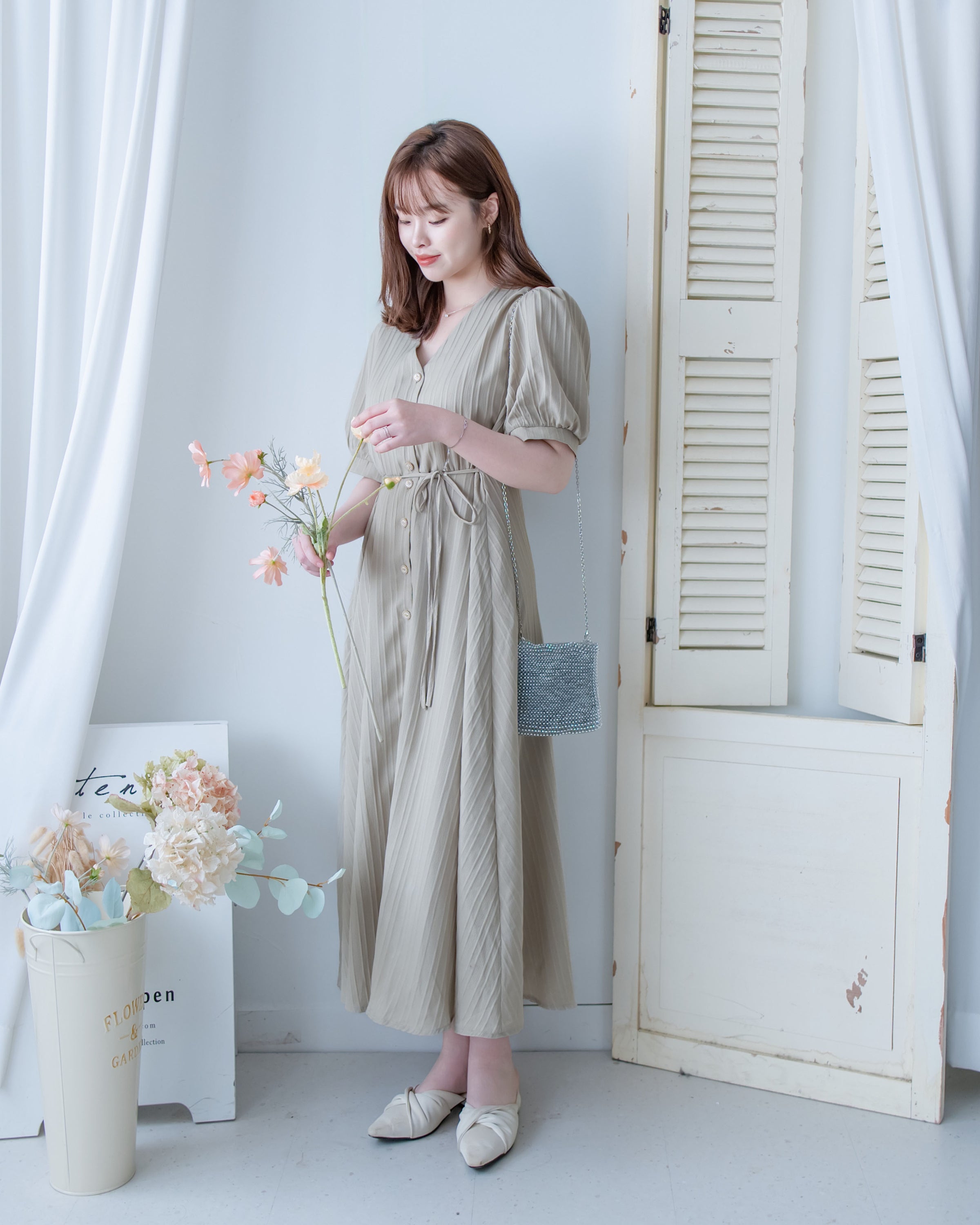 Stripe Dress 暗條紋弧腰線修腰連身裙/DS1159