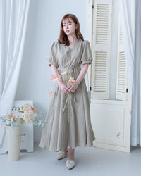 Stripe Dress 暗條紋弧腰線修腰連身裙/DS1159