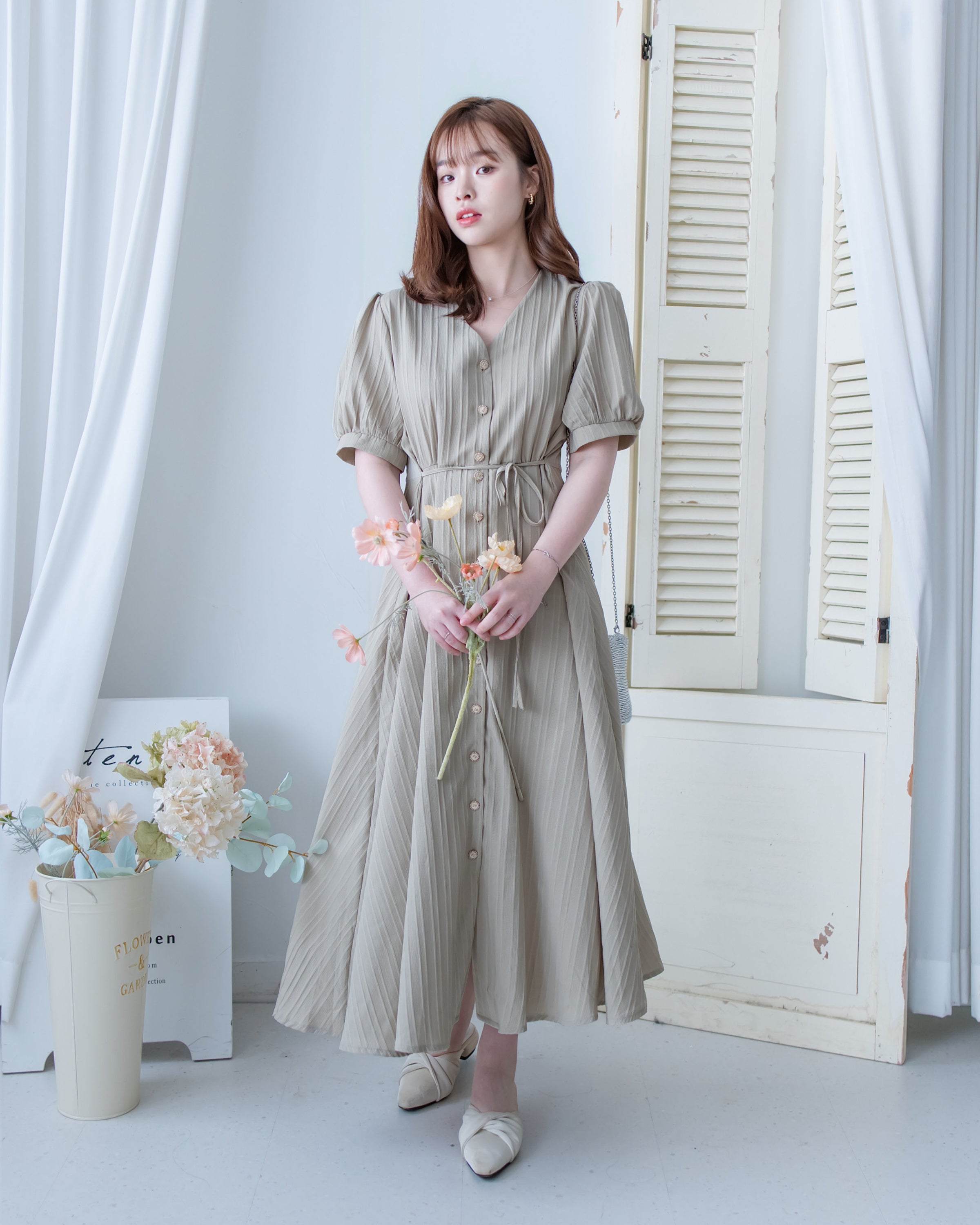 Stripe Dress 暗條紋弧腰線修腰連身裙/DS1159