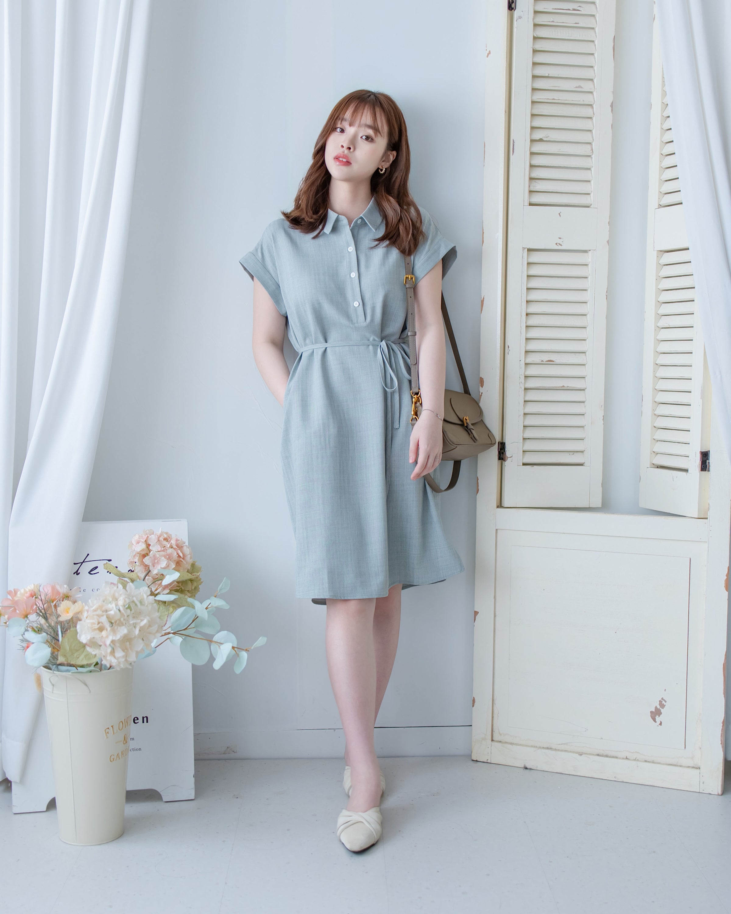 [intent label/intent製 ] Morandi Shirt Dress 十字暗紋莫蘭迪色系細領口袋連衣裙/ DSA8007