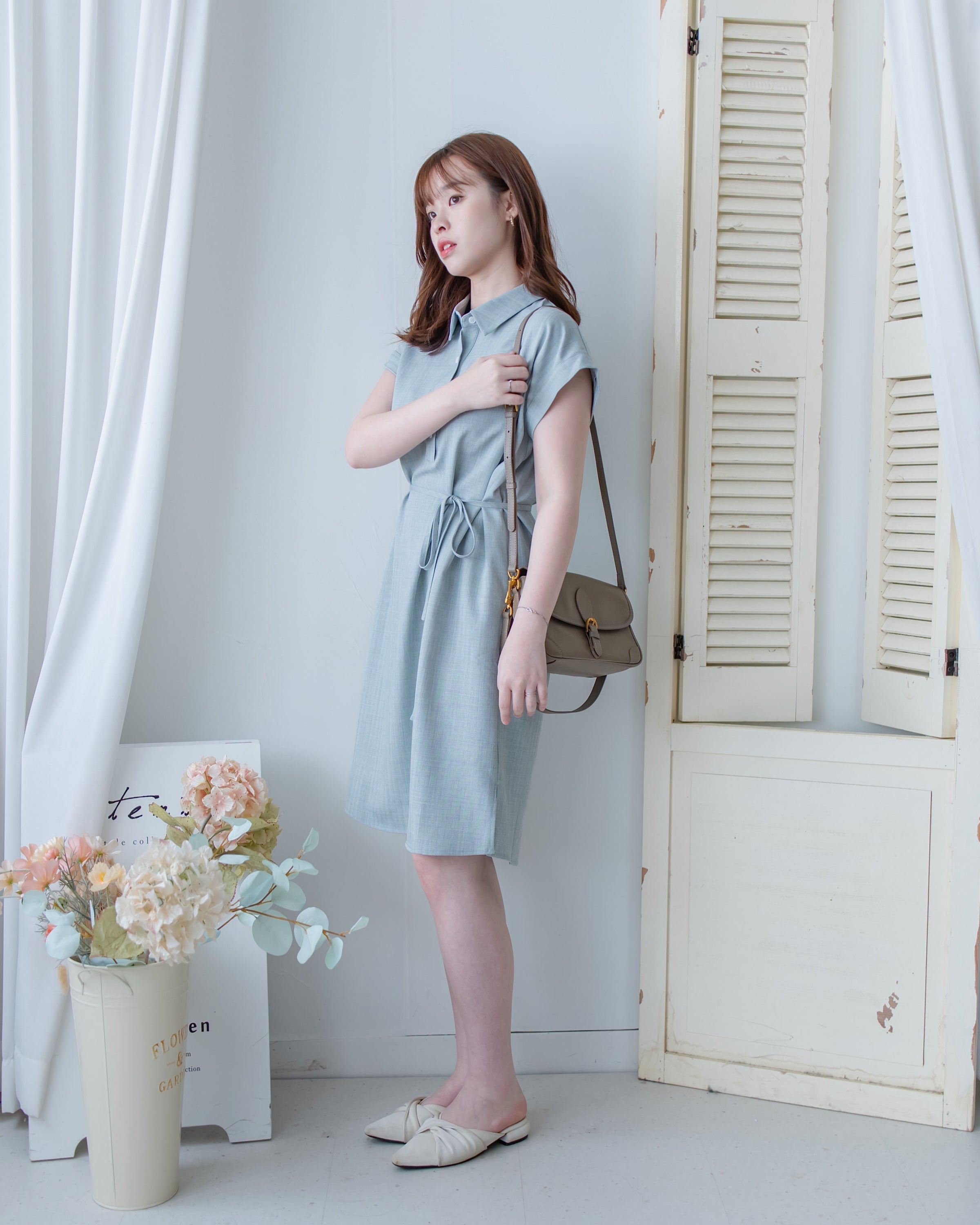 [intent label/intent製 ] Morandi Shirt Dress 十字暗紋莫蘭迪色系細領口袋連衣裙/ DSA8007