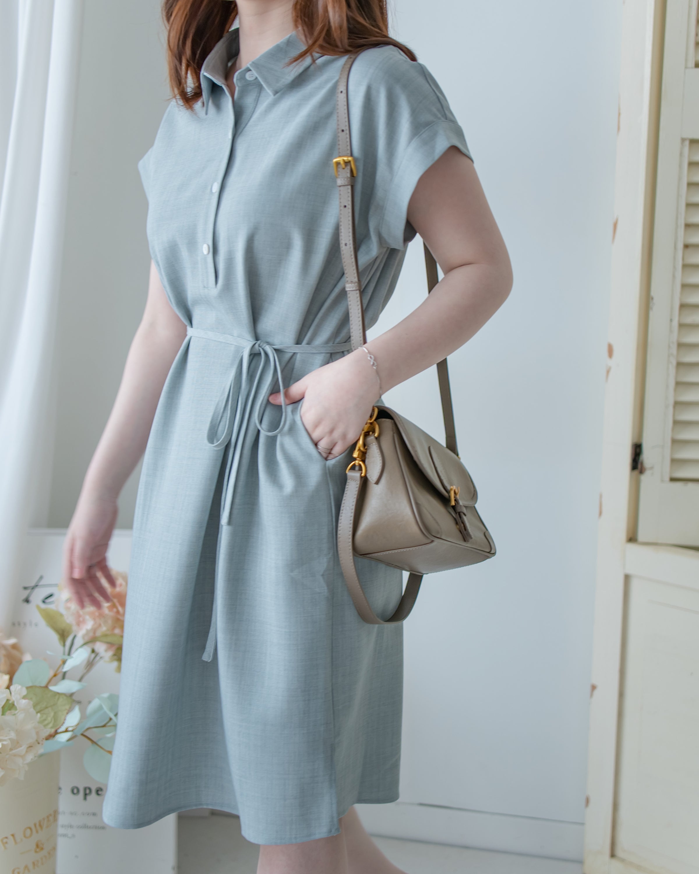 [intent label/intent製 ] Morandi Shirt Dress 十字暗紋莫蘭迪色系細領口袋連衣裙/ DSA8007