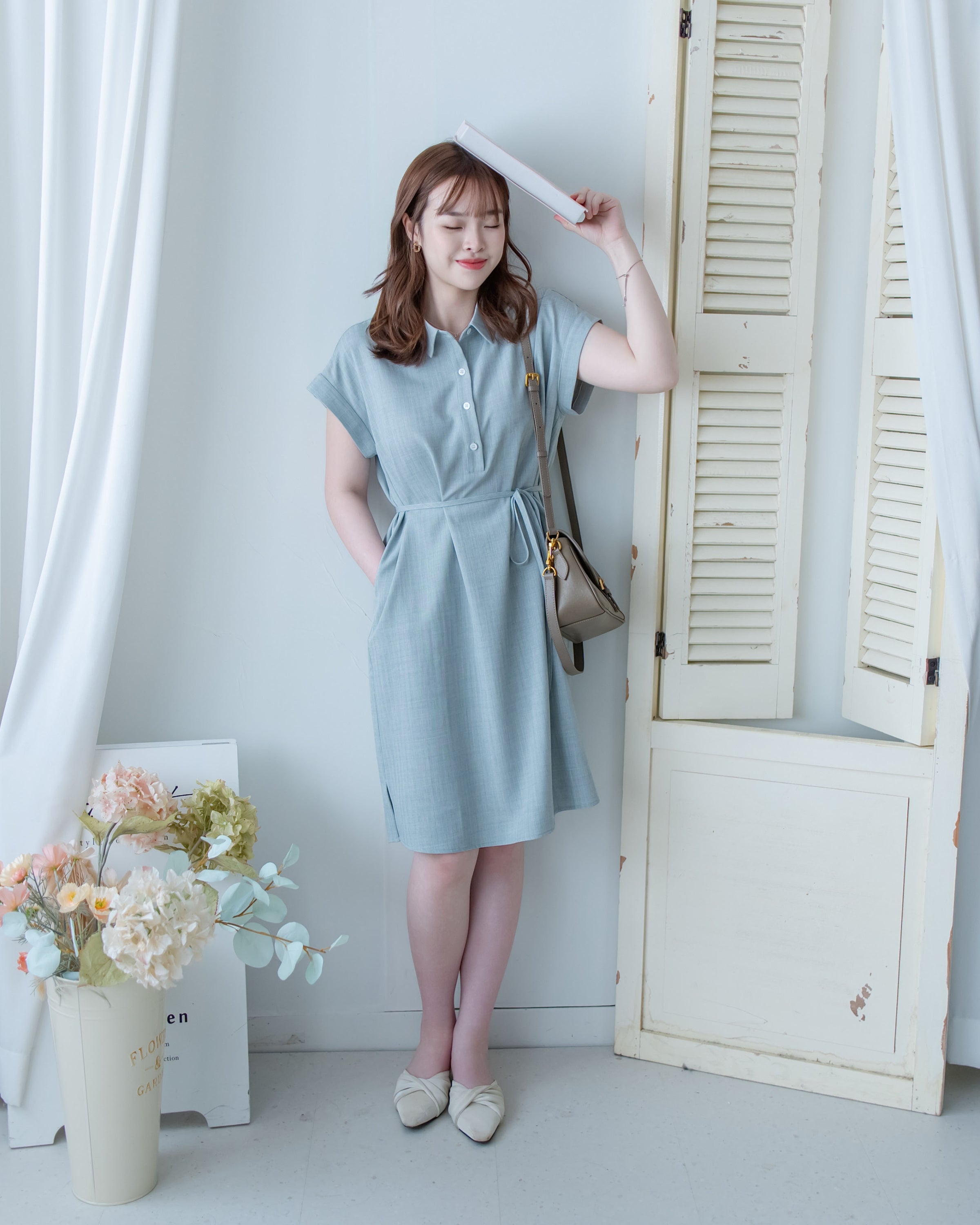 [intent label/intent製 ] Morandi Shirt Dress 十字暗紋莫蘭迪色系細領口袋連衣裙/ DSA8007