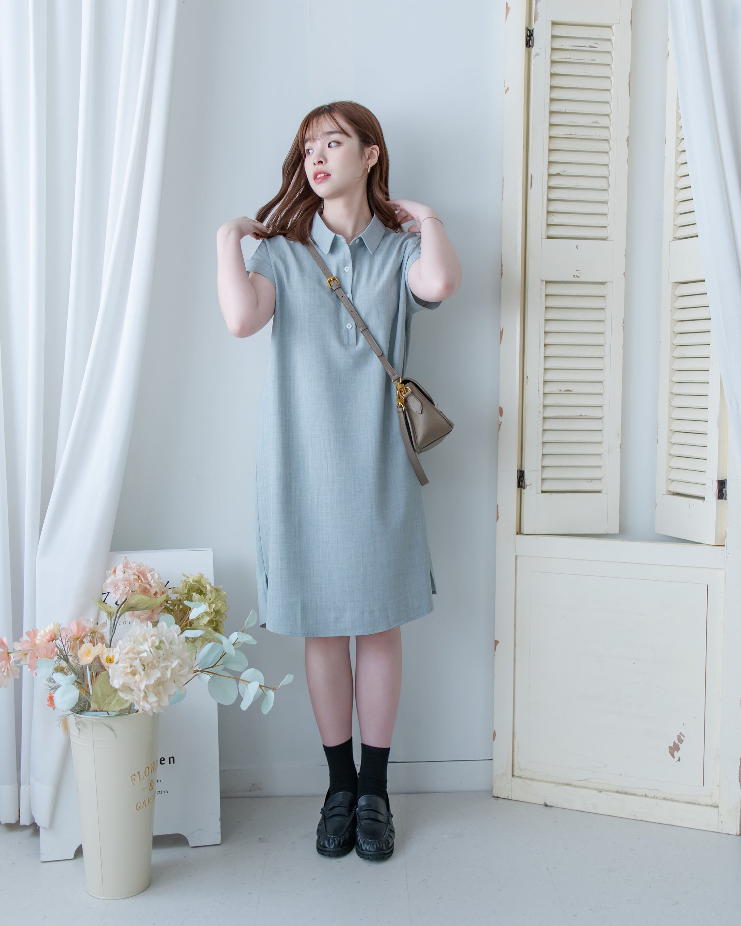 [intent label/intent製 ] Morandi Shirt Dress 十字暗紋莫蘭迪色系細領口袋連衣裙/ DSA8007