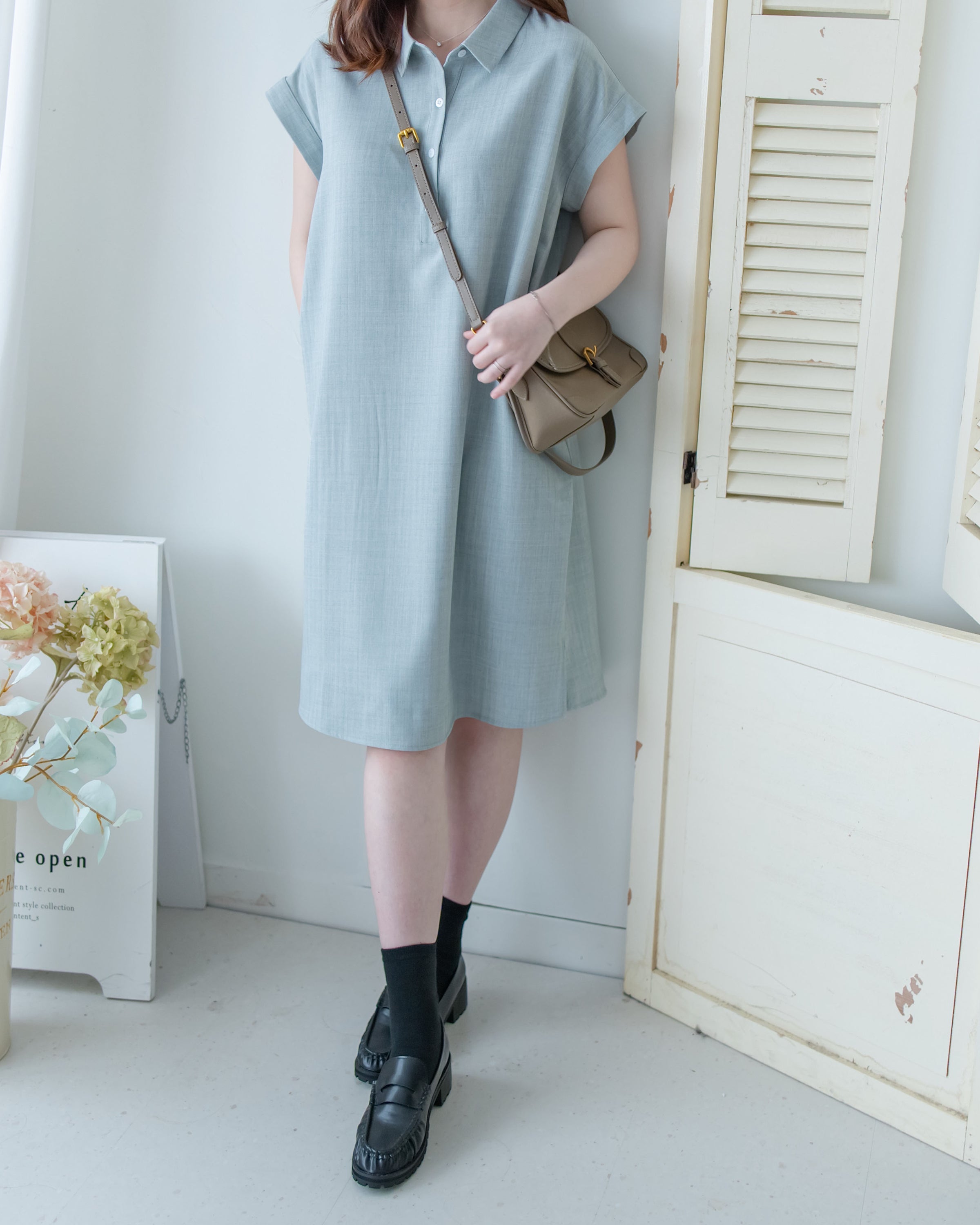 [intent label/intent製 ] Morandi Shirt Dress 十字暗紋莫蘭迪色系細領口袋連衣裙/ DSA8007