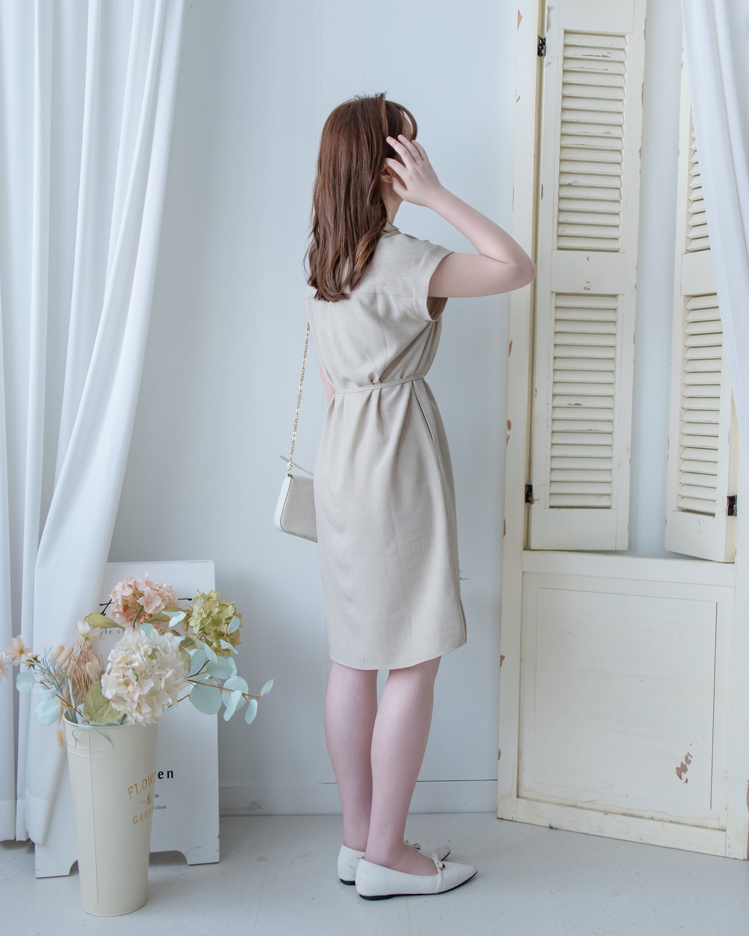 [intent label/intent製 ] Morandi Shirt Dress 十字暗紋莫蘭迪色系細領口袋連衣裙/ DSA8007