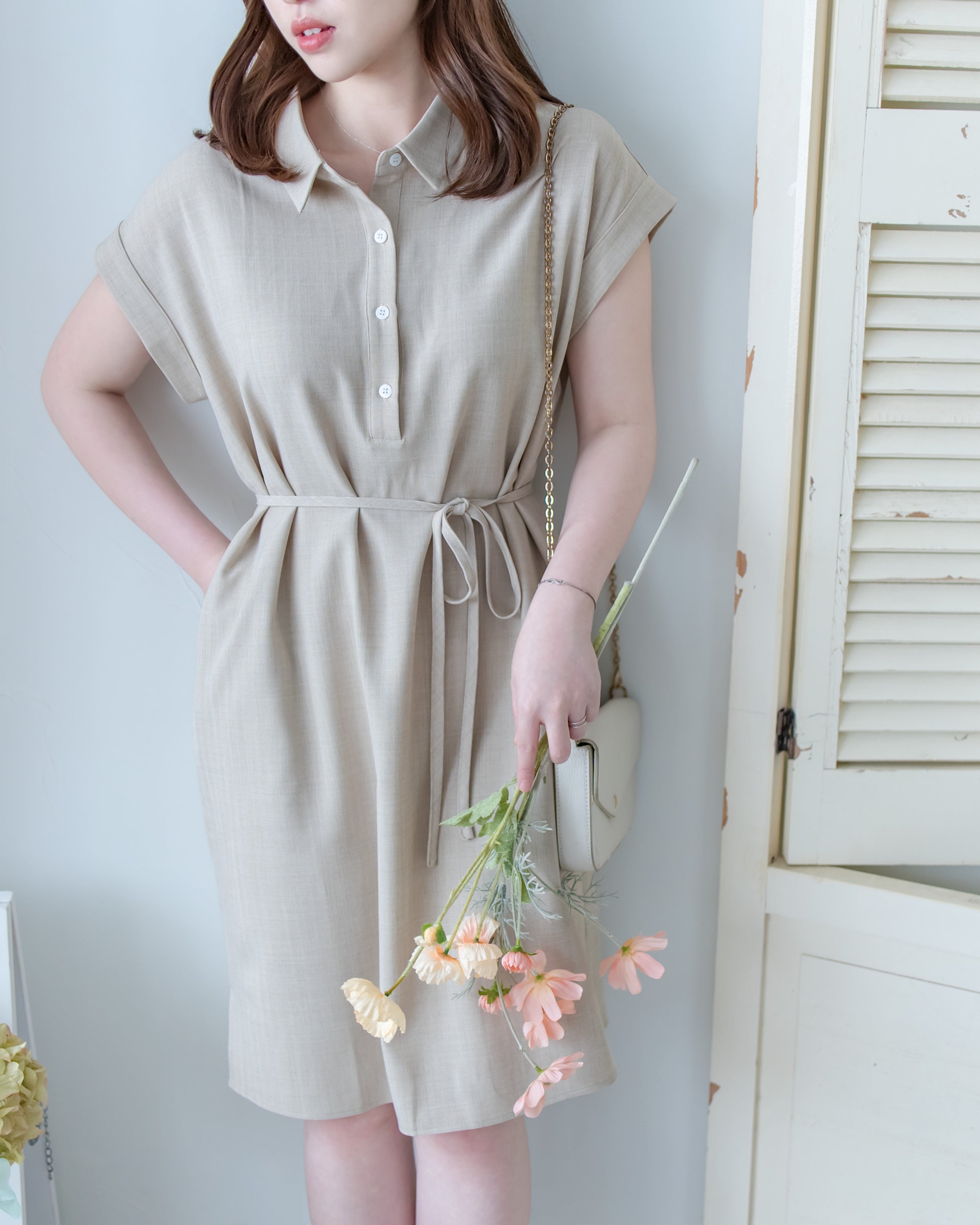 [intent label/intent製 ] Morandi Shirt Dress 十字暗紋莫蘭迪色系細領口袋連衣裙/ DSA8007