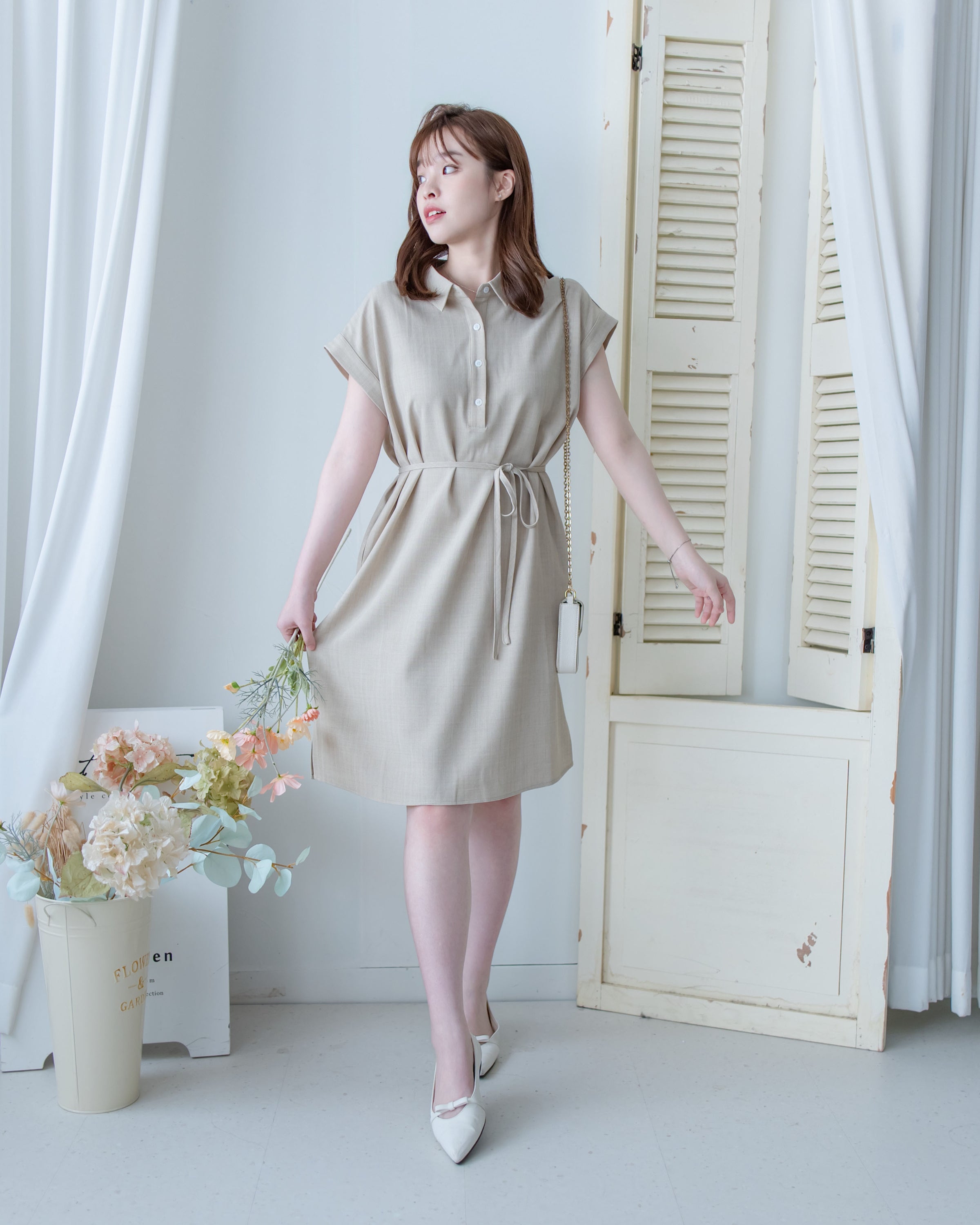 [intent label/intent製 ] Morandi Shirt Dress 十字暗紋莫蘭迪色系細領口袋連衣裙/ DSA8007