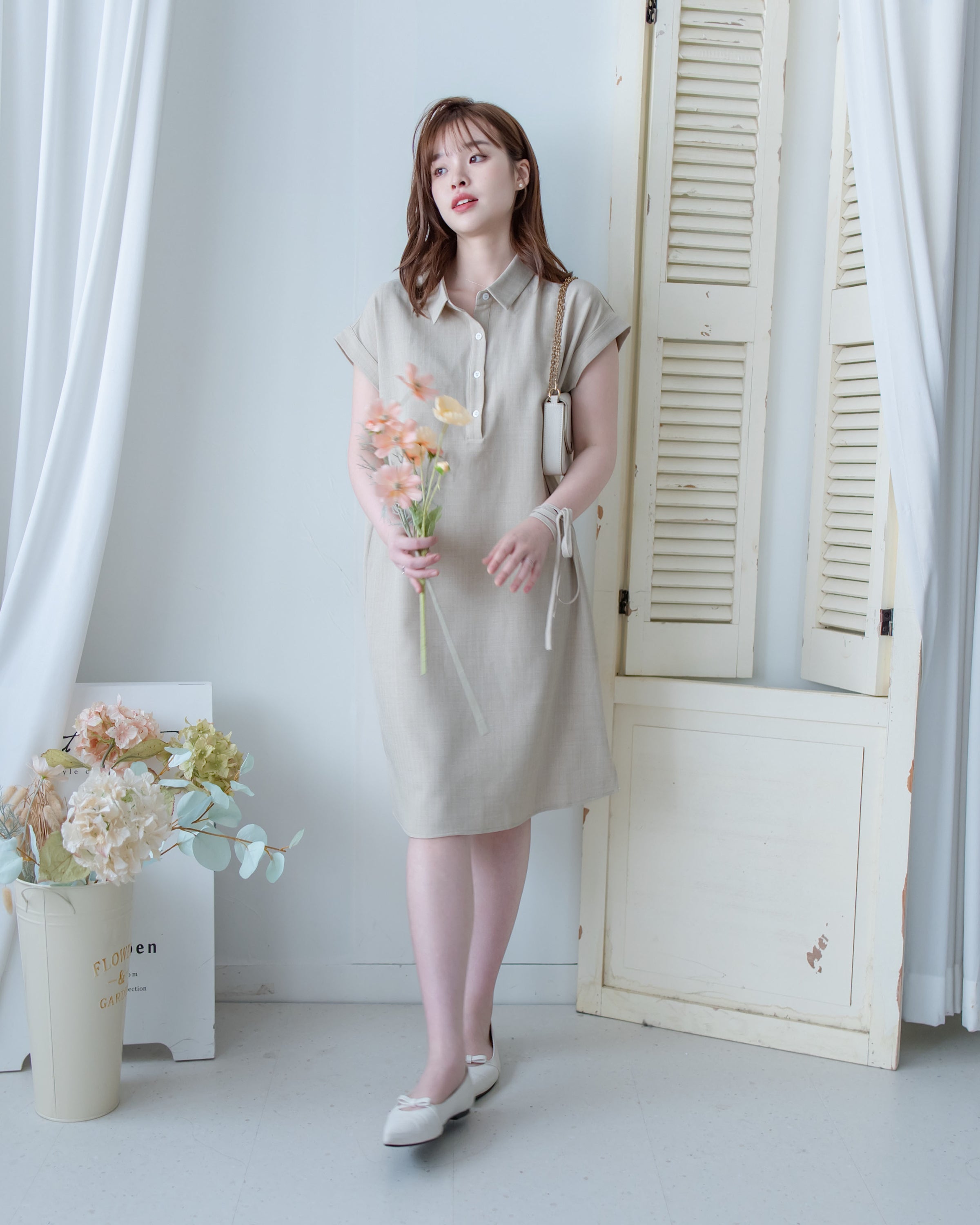 [intent label/intent製 ] Morandi Shirt Dress 十字暗紋莫蘭迪色系細領口袋連衣裙/ DSA8007