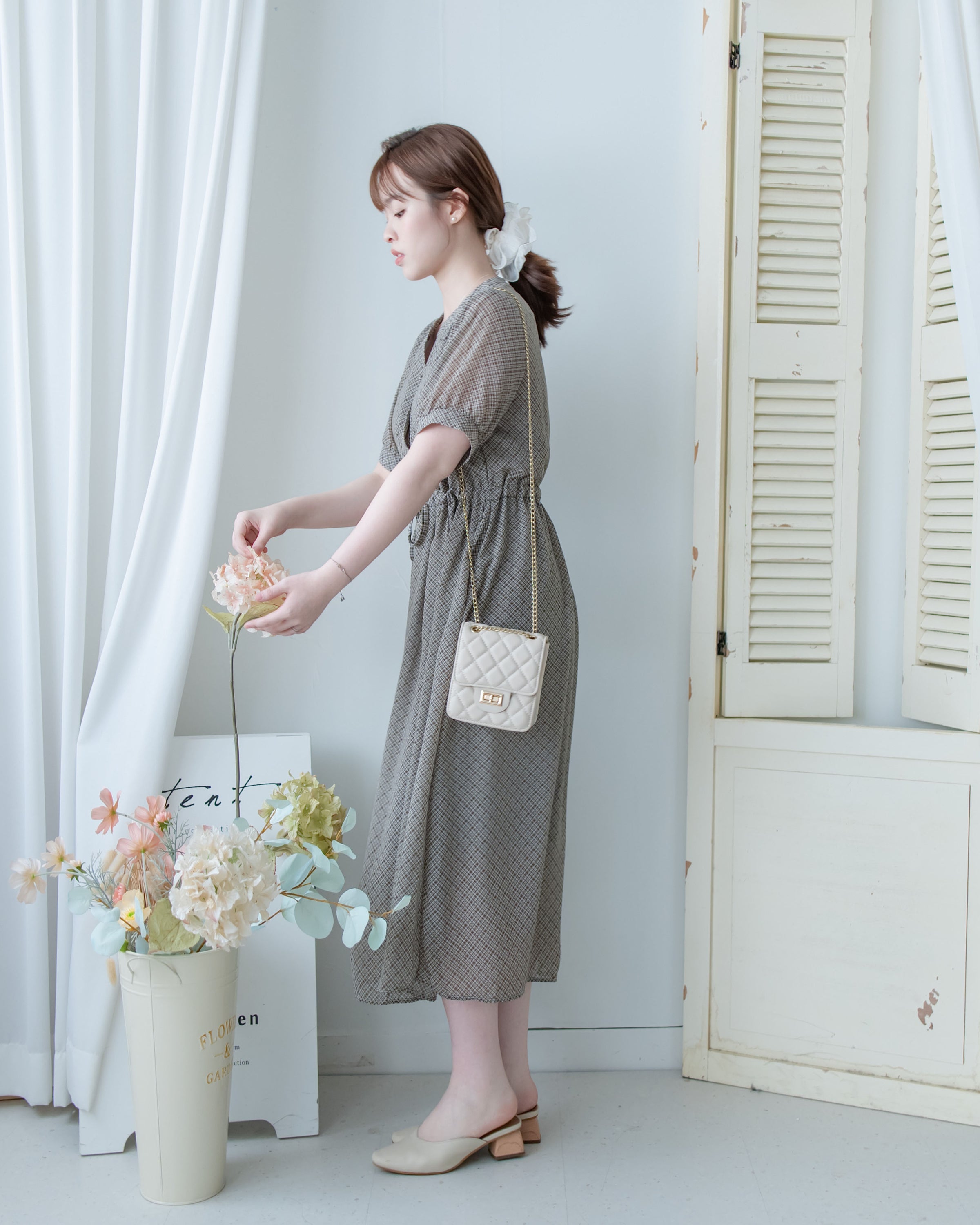 Rhombus Dress 輕復古菱格紋修腰連身裙/ DS1160