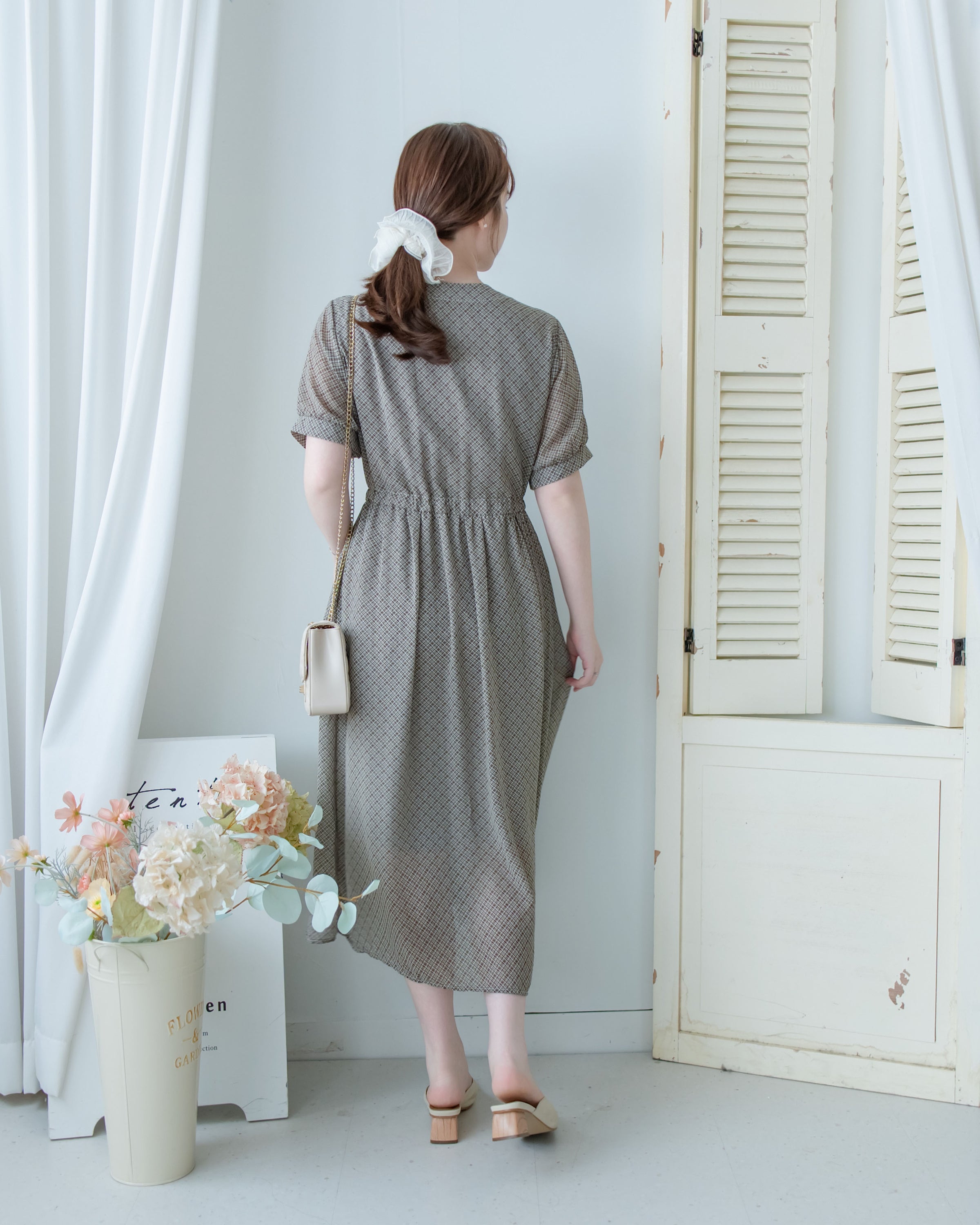 Rhombus Dress 輕復古菱格紋修腰連身裙/ DS1160