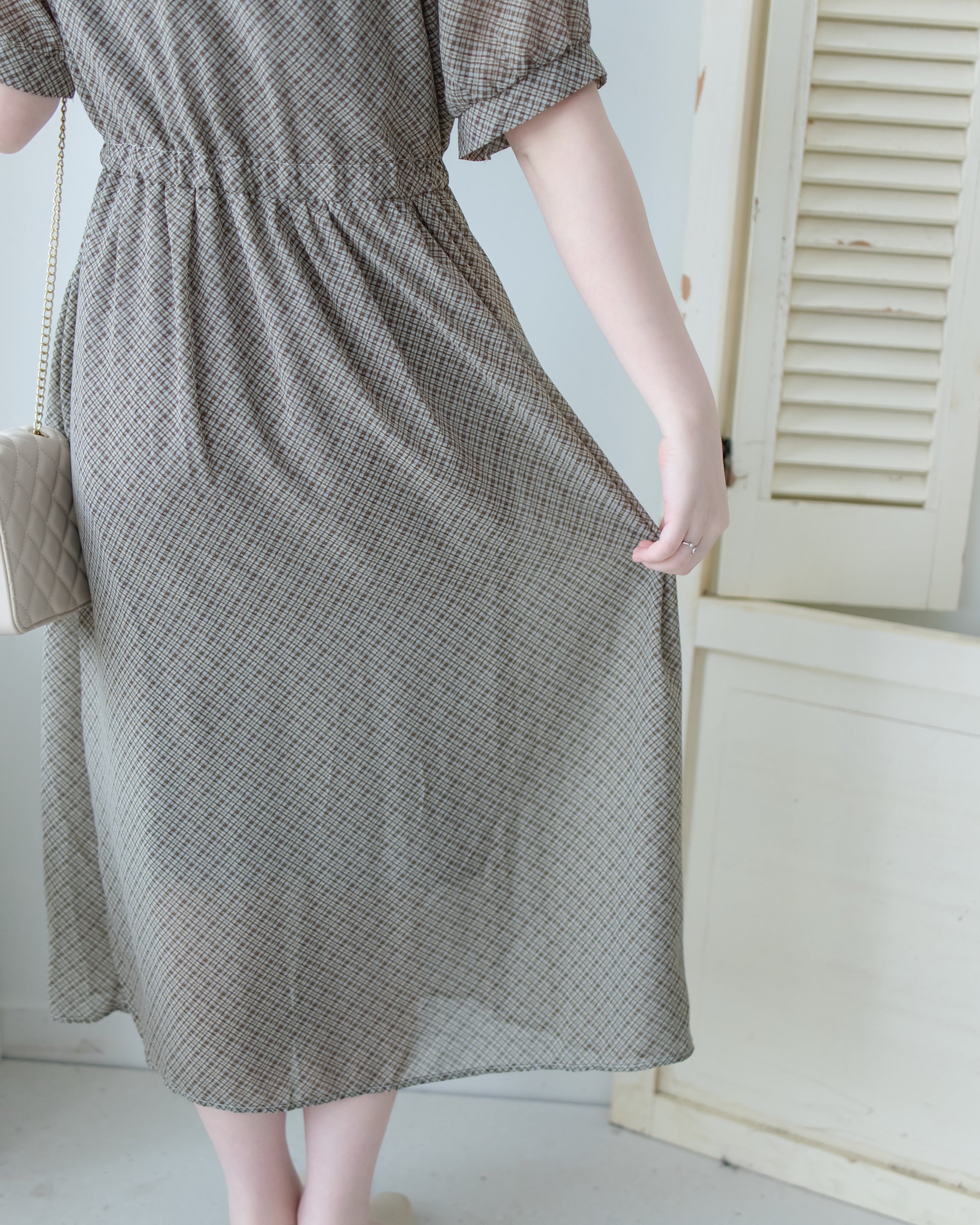 Rhombus Dress 輕復古菱格紋修腰連身裙/ DS1160