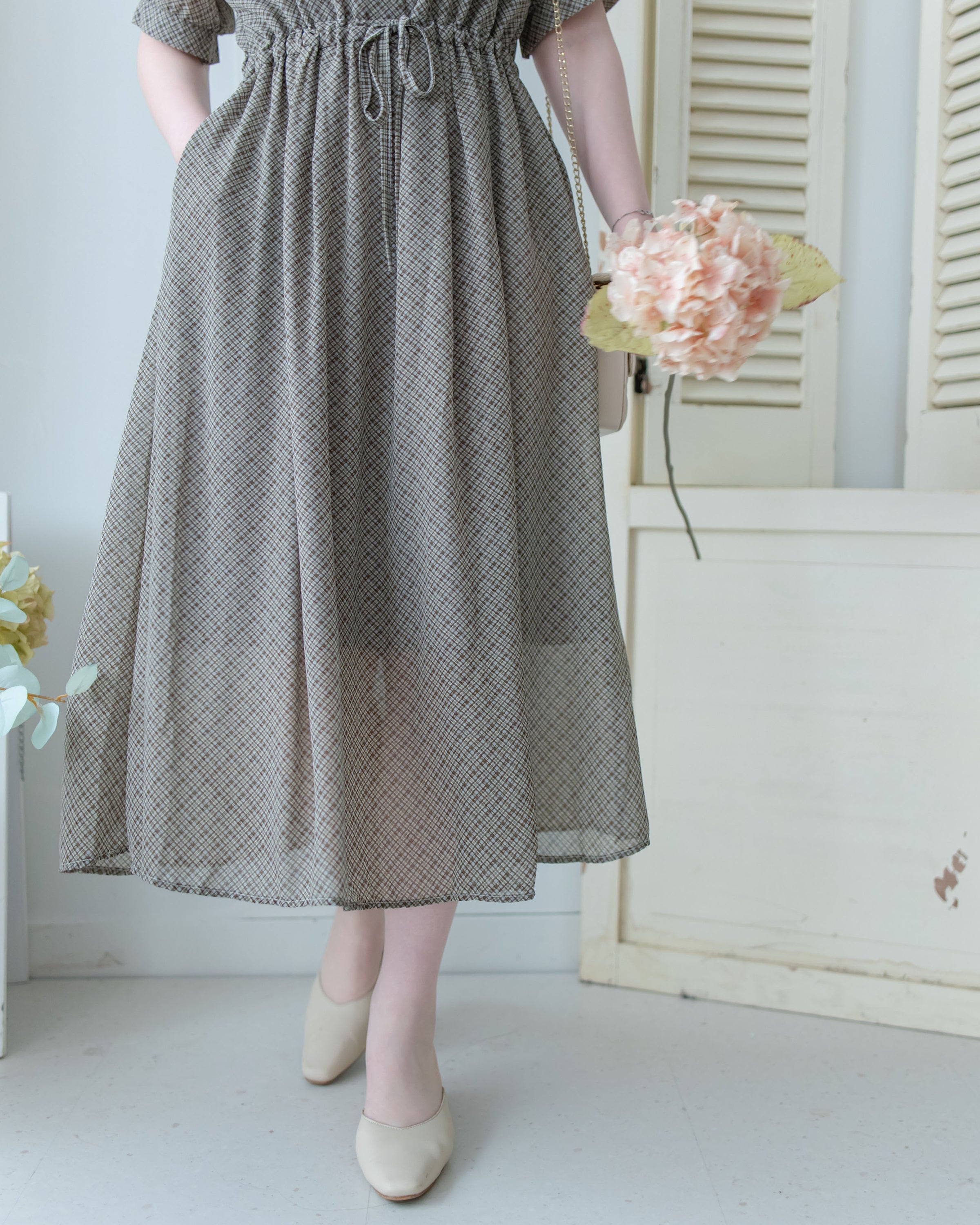 Rhombus Dress 輕復古菱格紋修腰連身裙/ DS1160